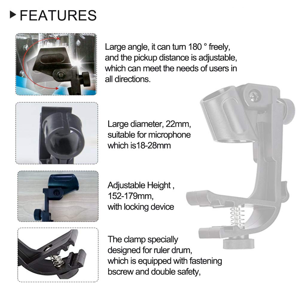 Pugdodo Drum Microphone Clip Adjustable Drum Rim Mic Clips Drum Microphone Mount Clamp (Pack Of 2) (Black)