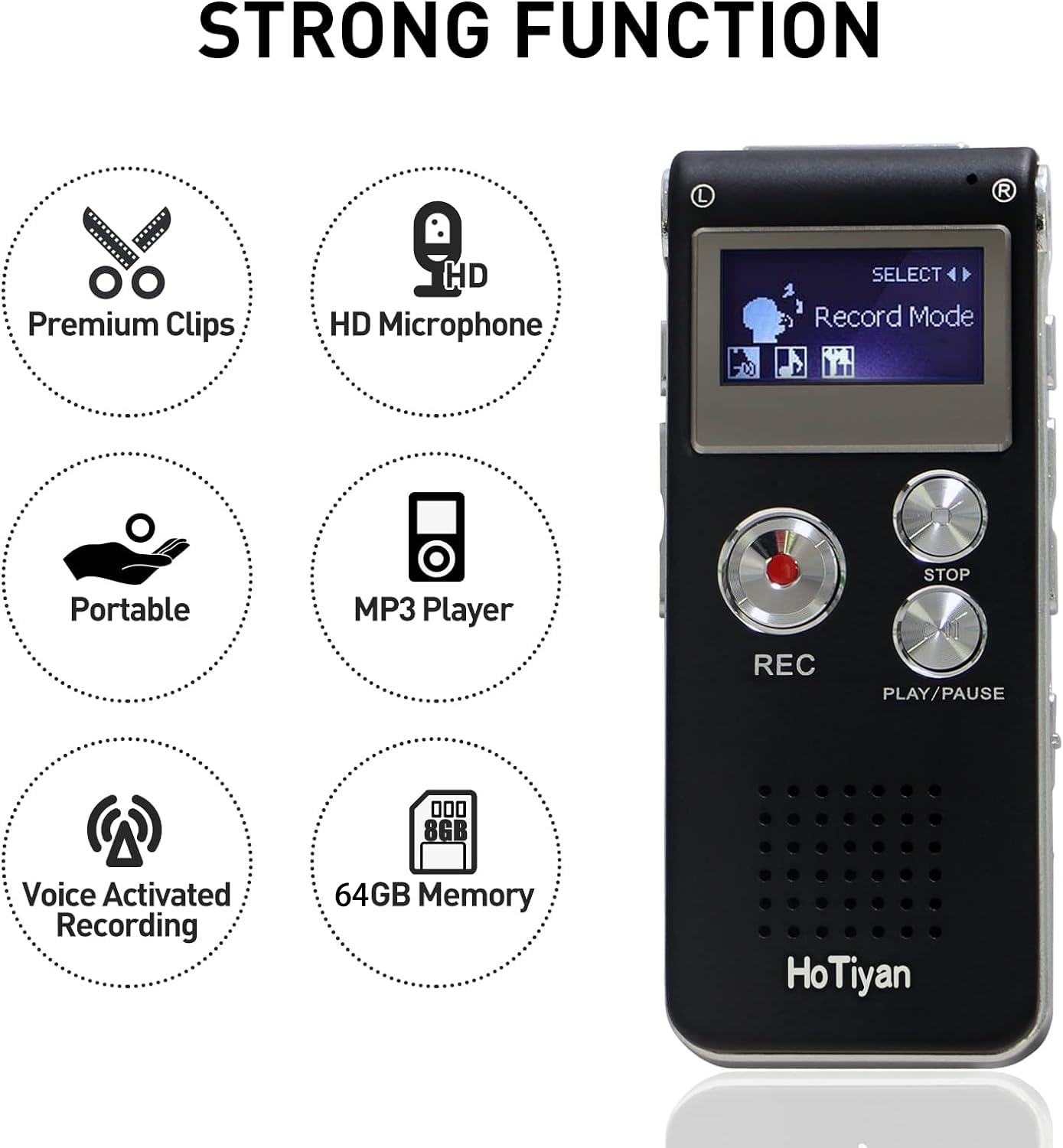 HoTiyan Digital Voice Recorder - 64GB Voice Activated Recorder for Lectures, Meetings, Interviews - Model H-10003, USB Cable Included
