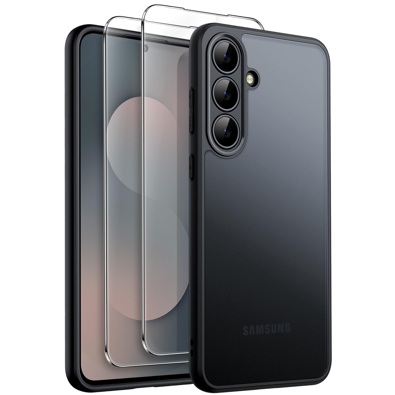 JETech Matte Case for Samsung Galaxy S25 FE with 2-Pack Tempered Glass Screen Protector, 3 in 1 Translucent Frosted Shockproof P