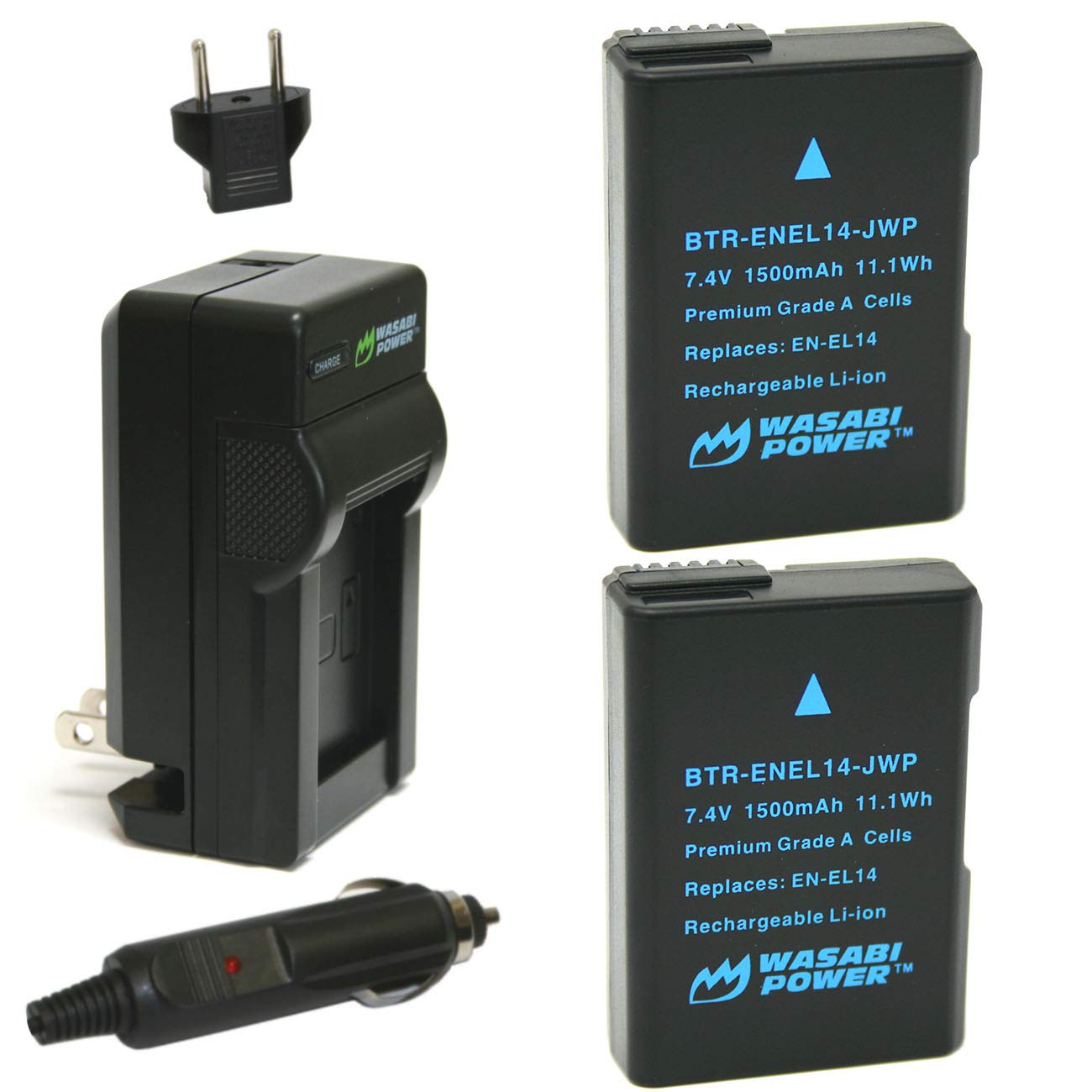 Wasabi Power Battery (2-Pack) and Charger for Nikon EN-EL14, EN-EL14a and Nikon P7000, P7100, P7700, P7800, D3100, D3200, D3300,