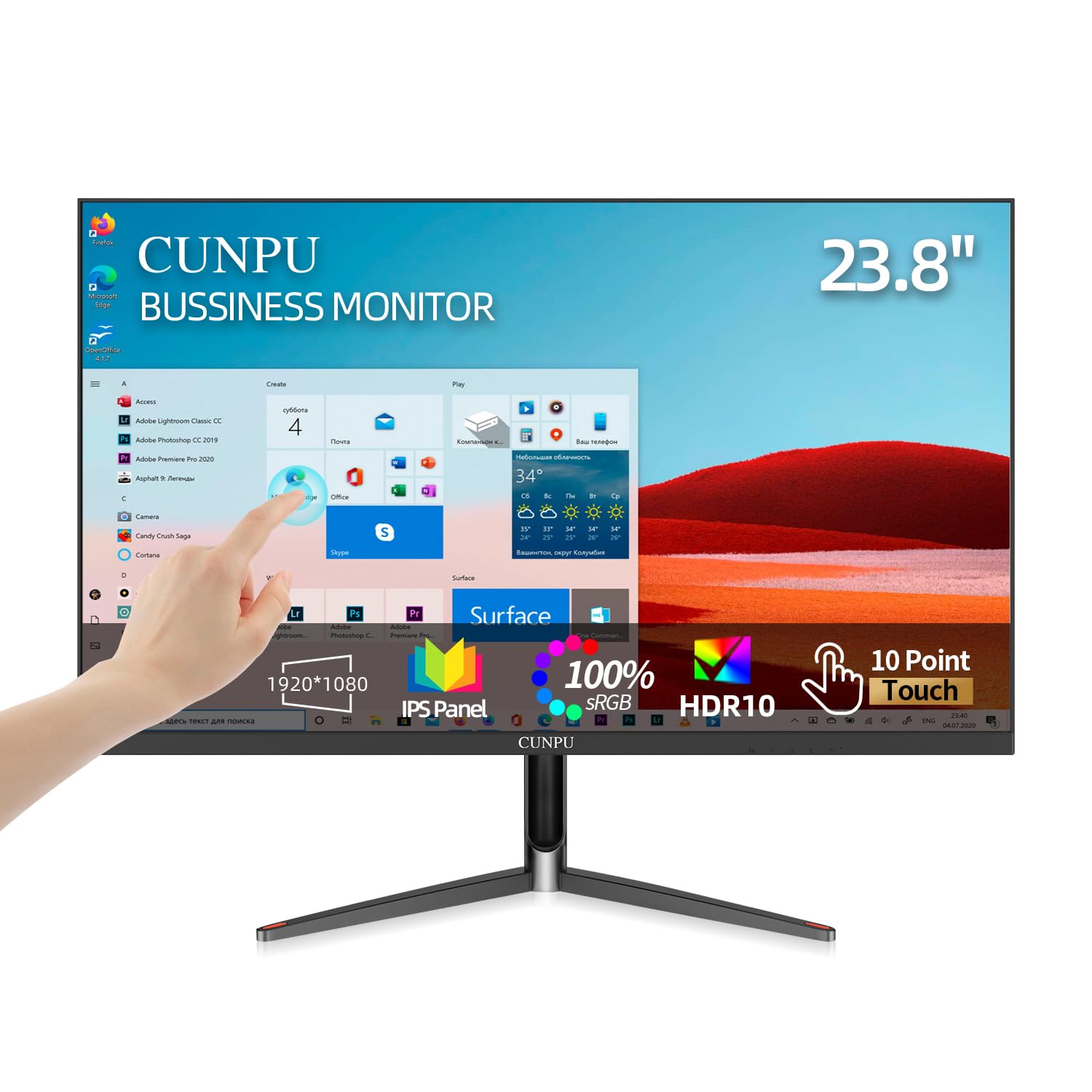 CUNPU 24 Inch Touchscreen Monitor, 10 Point Touch, FHD 1080P 75Hz IPS Screen, 100% SRGB, VESA Wall Mountable, Tilt Adjustment, V
