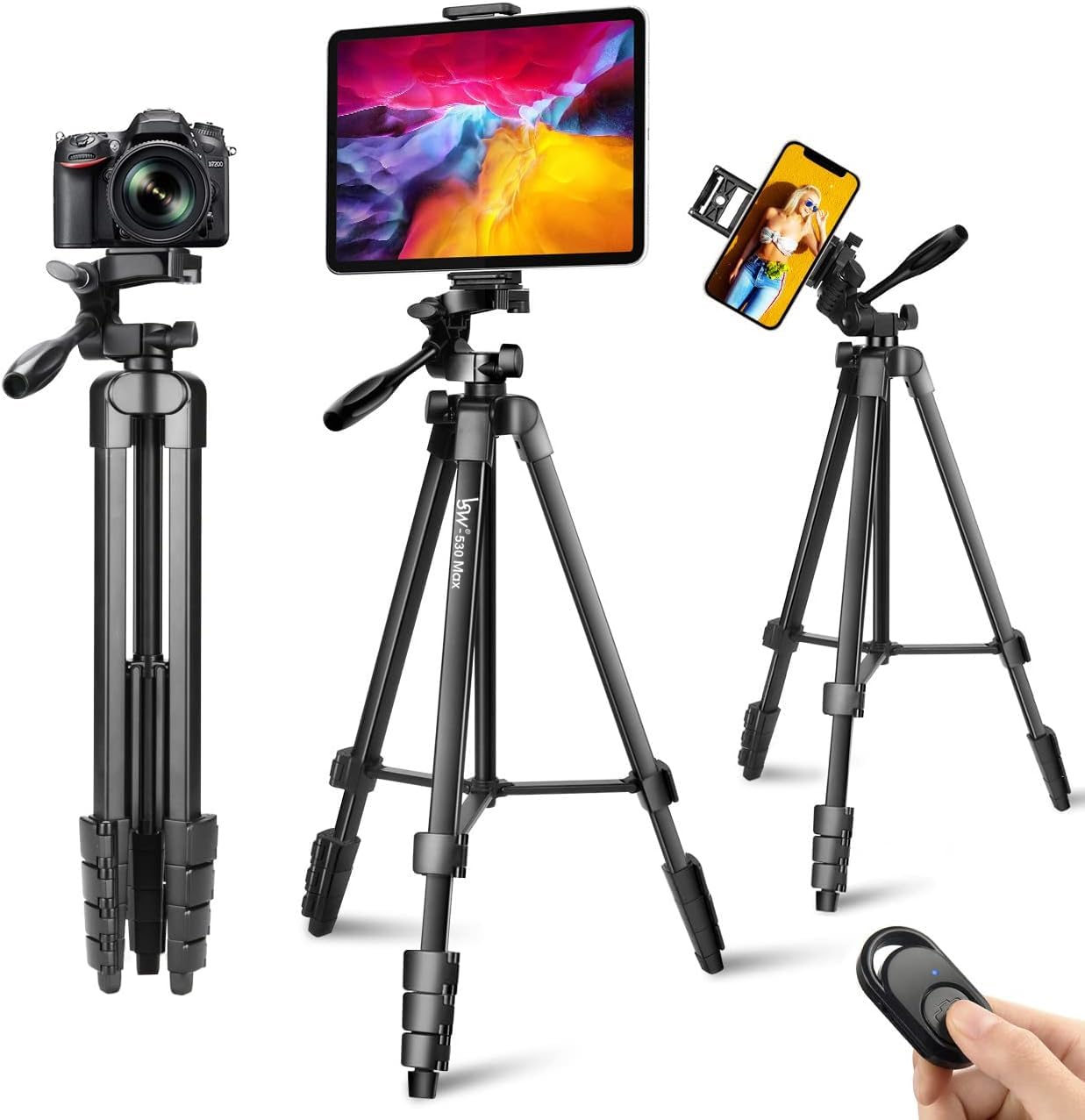 Lusweimi 72 Inch Tripod For Ipad Iphone, Camera Tripod For Phone With 2 In 1 Tripod Mount Holder For Cell Phone/Tablet/Webcam/Gopro, Tripod With Carry Bag And Wireless Remote For Photography/Video