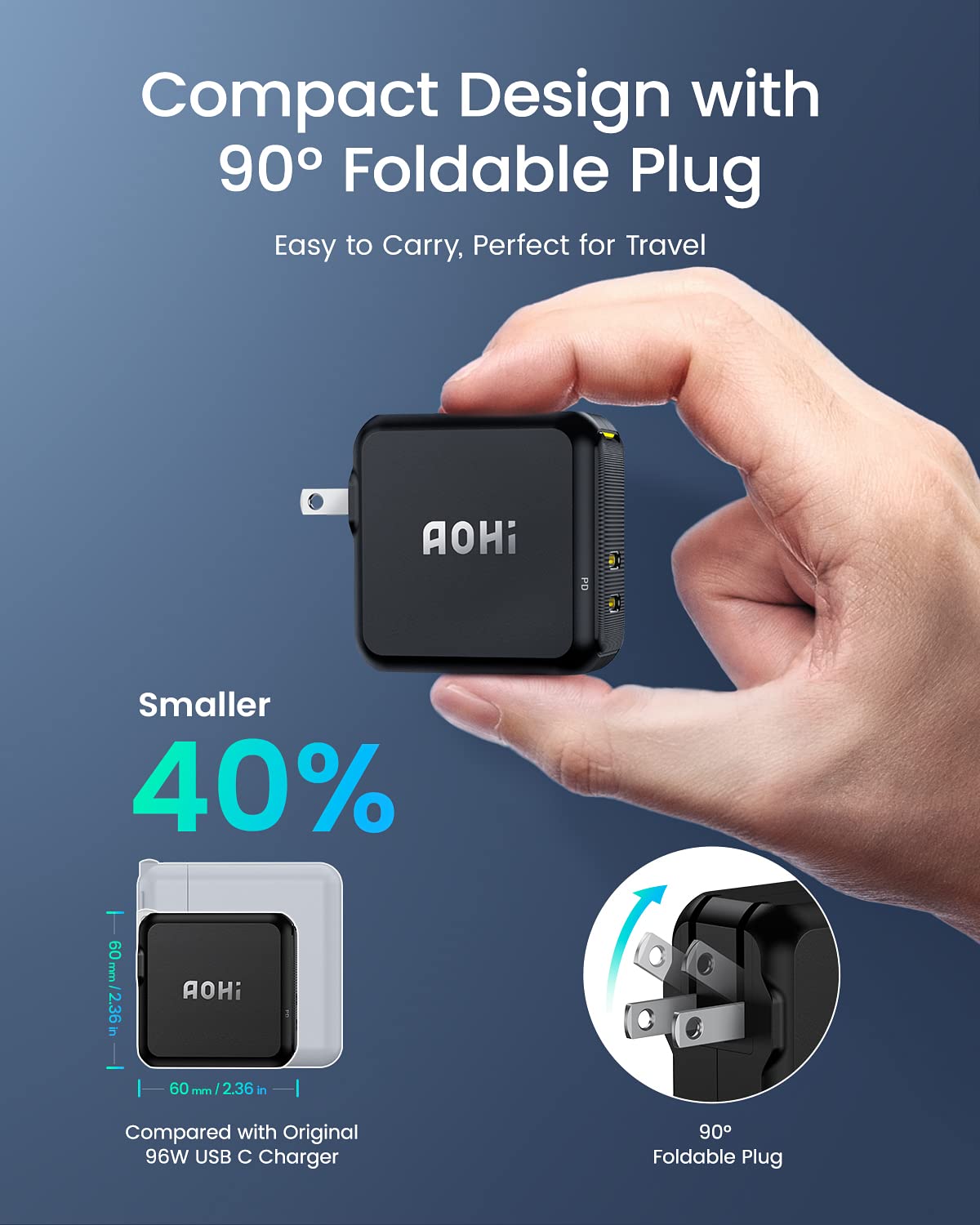 Aohi 100W Usb C Charger Gan+, 2 Port Type C Pd Wall Charger Foldable Power Adapter With 4Ft Usb C To Usb C Led Display Cable For