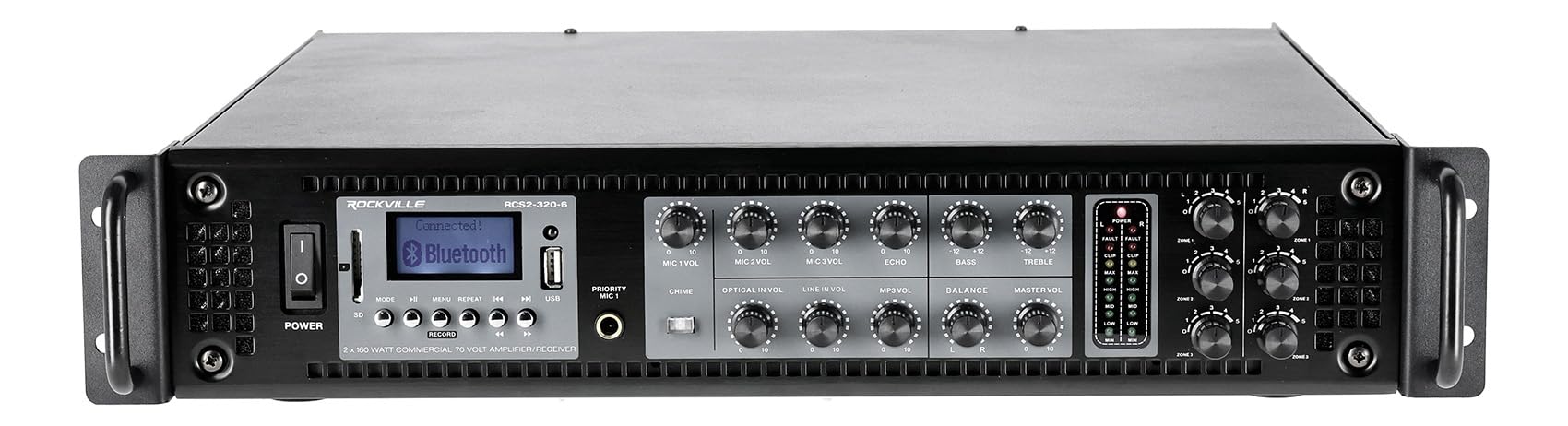 Rockville Rcs2 320 6 320W 6 Zone Stereo/Mono Commercial 70V Amplifier, Bluetooth, Usb/Sd, Optical Input, Perfect For Restaurants