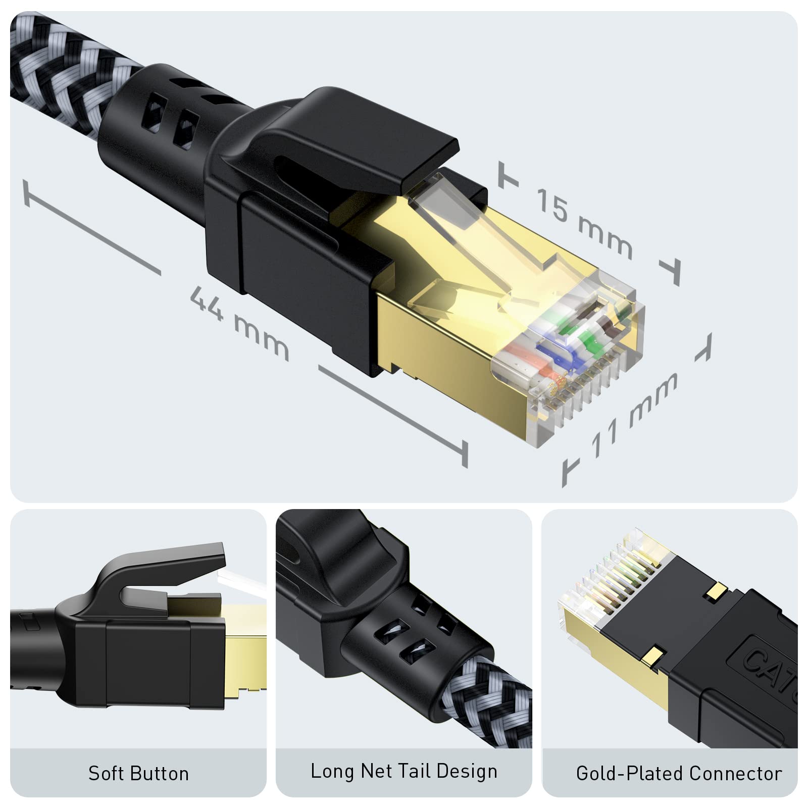 Cabneer Cat 8 Ethernet Cable 75Ft, High Speed Braided Internet Cable Network Cord With Gold Plated Rj45 Connector 40Gbps 2000Mhz