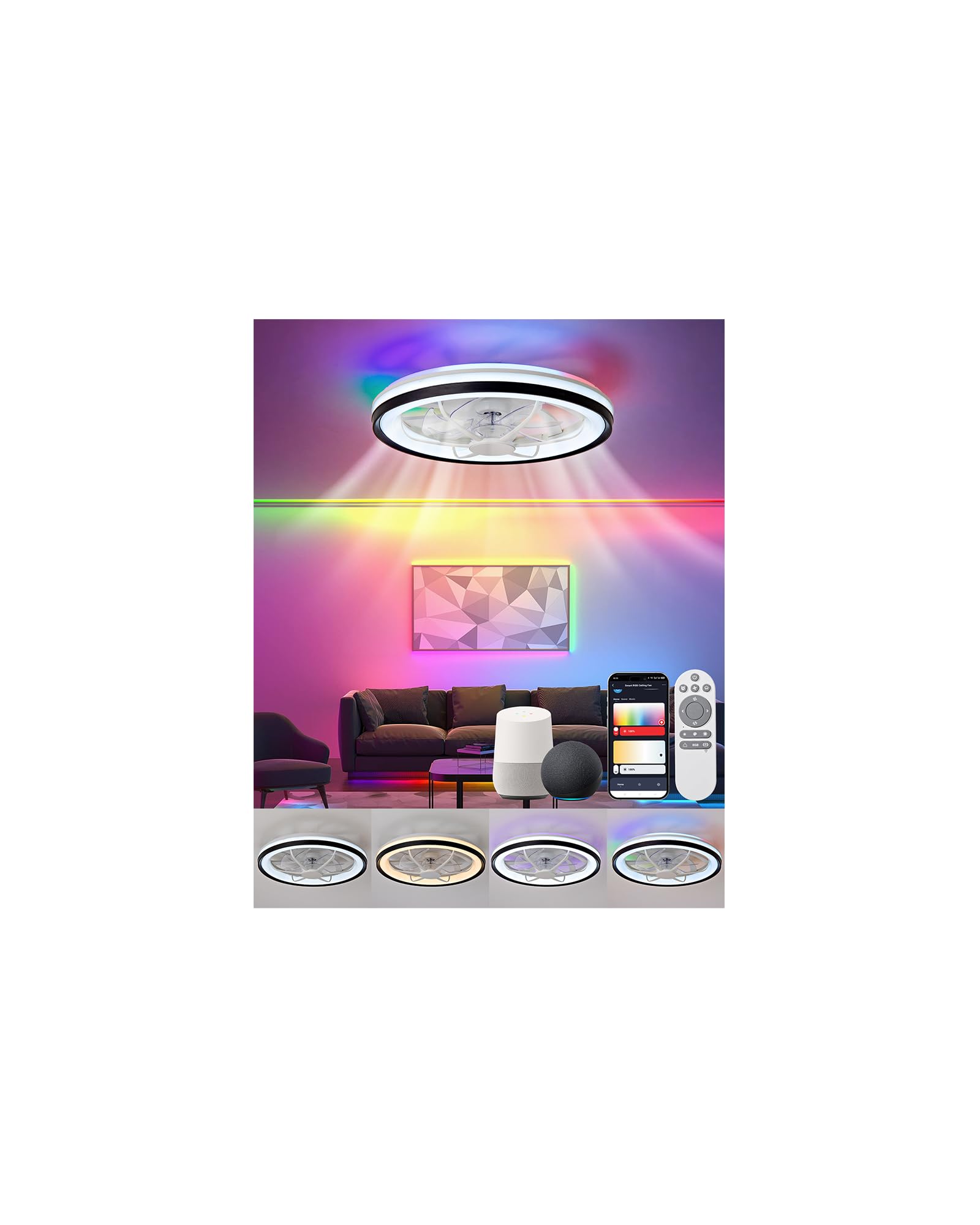 Kwinmyso 18.9 Modern Smart Ceiling Fan with Light and Remote Control,Flush Mount Low Profile Dimmable Ceiling Fan,Stepless Dimmi