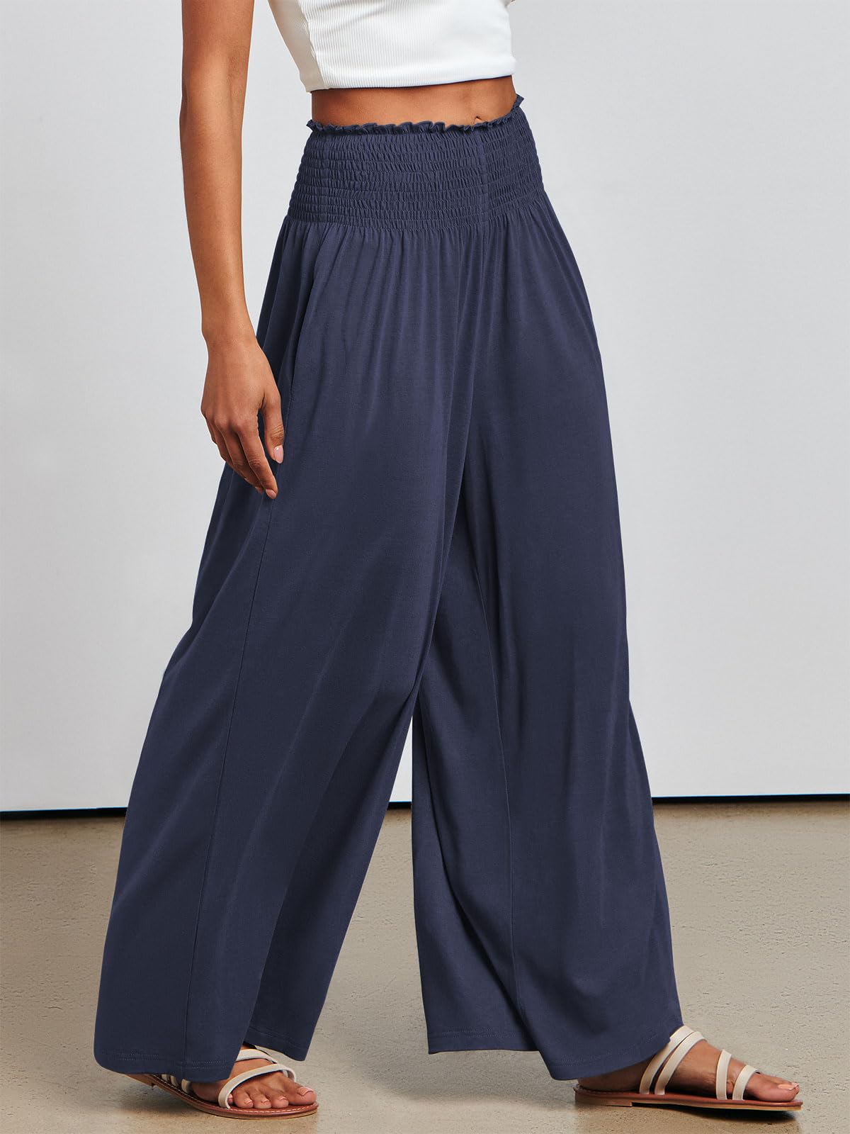 Anrabess Women Palazzo Pants Summer Boho Bagyy Wide Leg High Smocked Waist Casual Loose Lounge Pant With Pocket Deep Blue X Larg