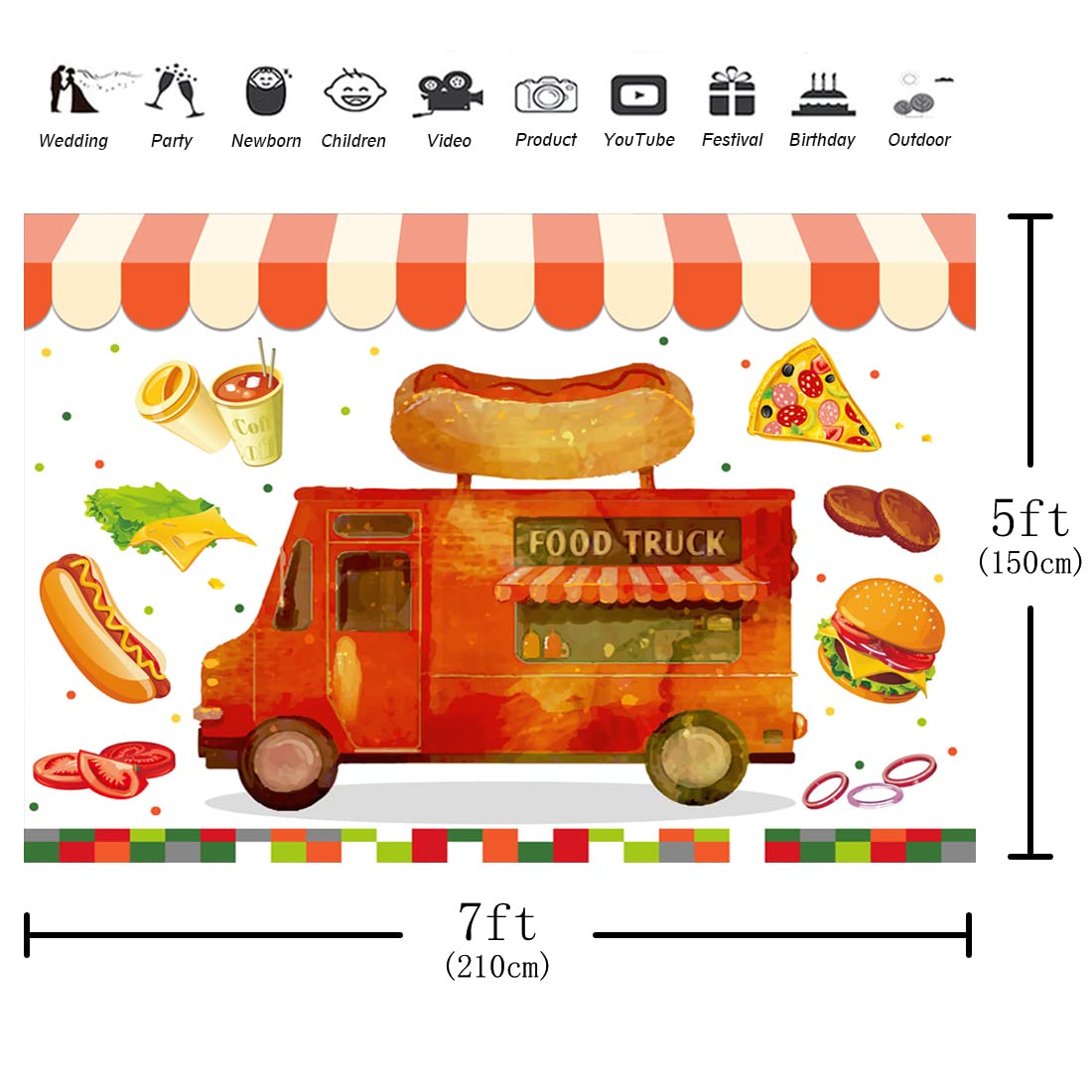 Aperturee Food Truck Backdrop 7X5Ft Hot Dog Pizza Hamburger Coffee Truck Shop Photography Background Birthday Baby Girl Kids Bab