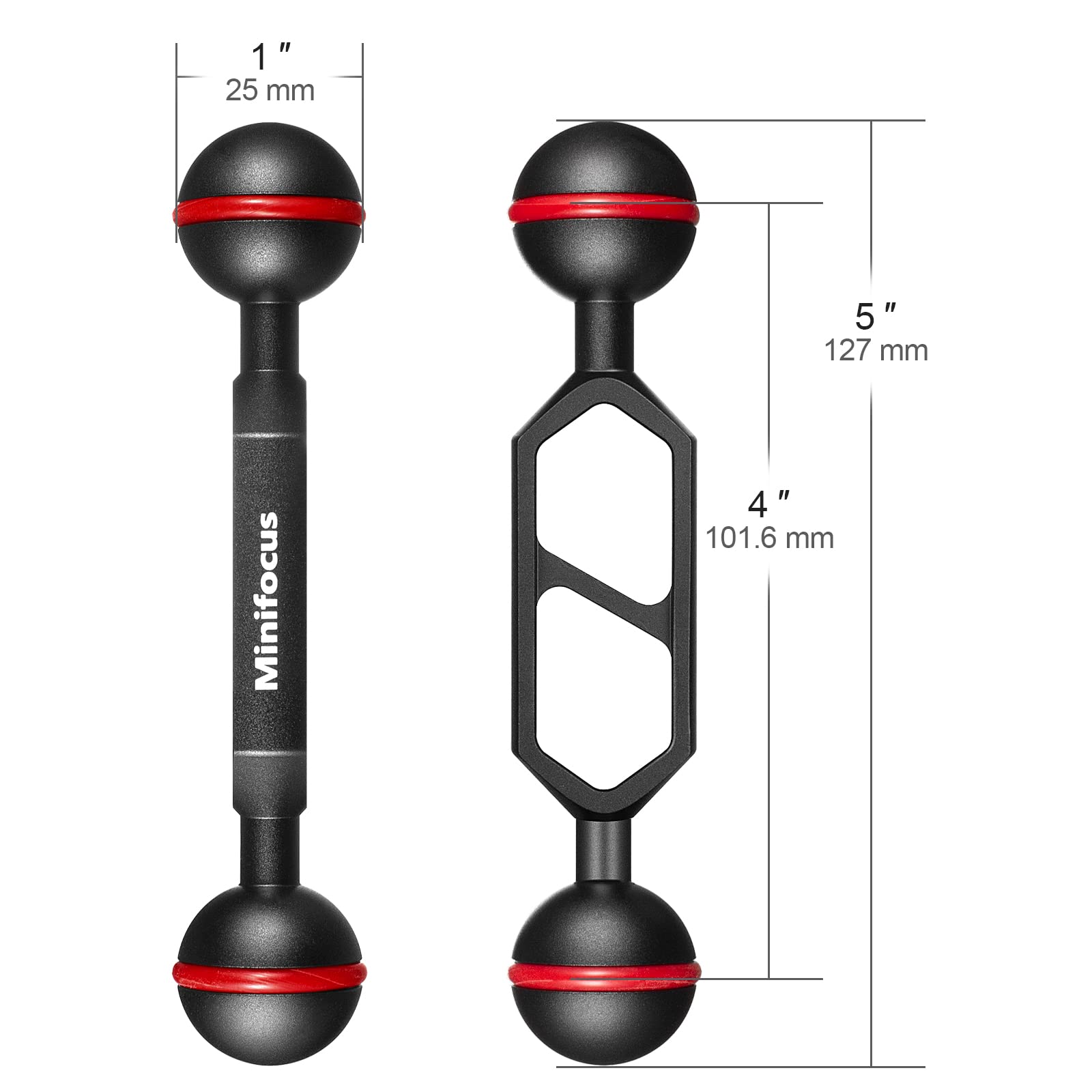 Minifocus 4'' Double Ball Aluminum Extension Arm, 1'' Ball Head Connector Underwater Cnc Arm System Ball Head Extension For Stro