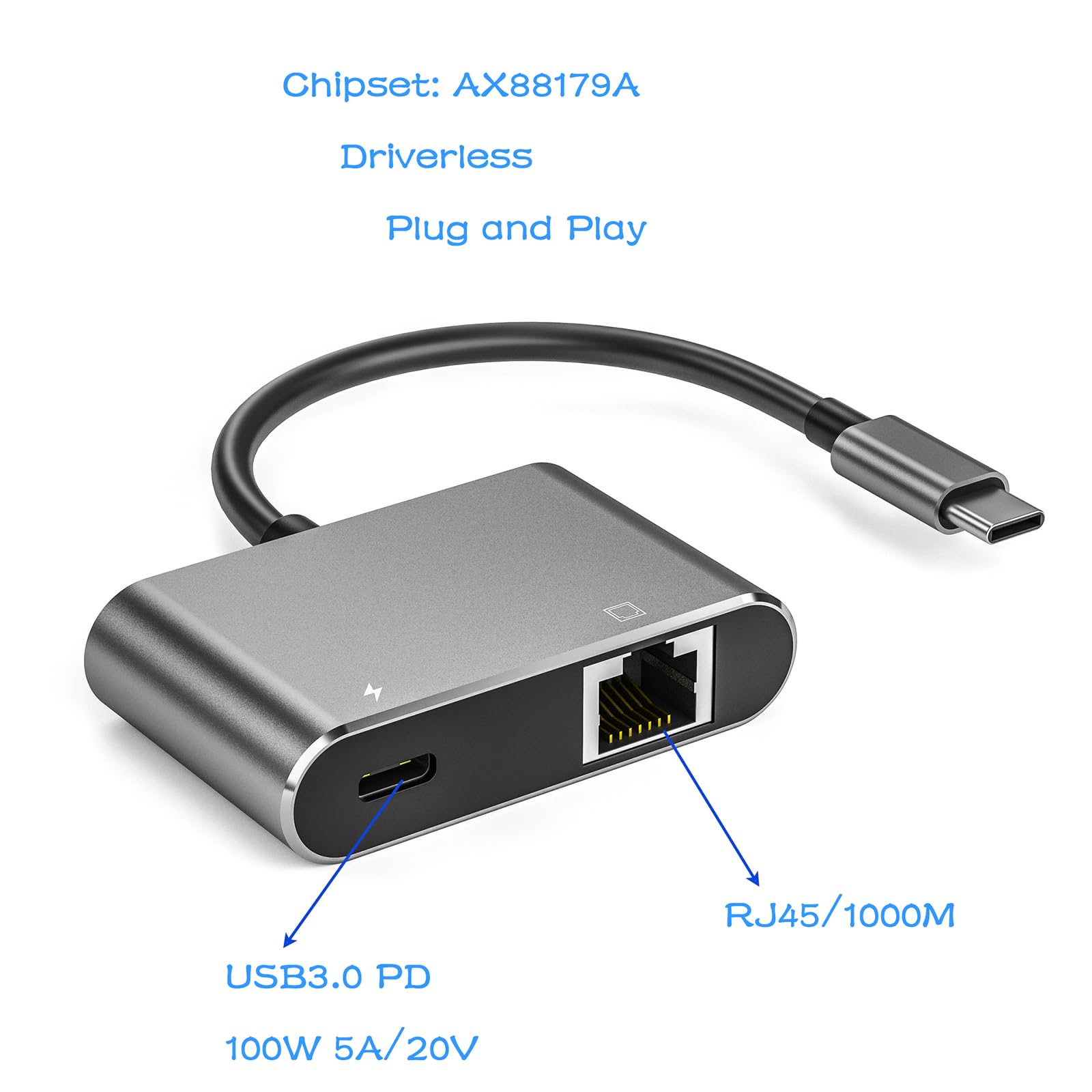 ULANSeN USB C to RJ45 Gigabit Ethernet Adapter 100W PD Charging AX88179 Chipset