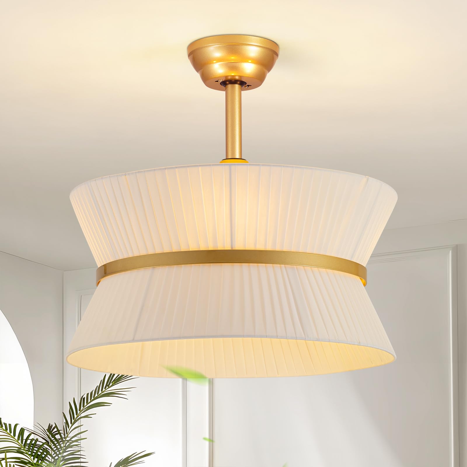 Boho Fandelier Ceiling Fan with Light and Remote Fabric Chandelier Fan Gold Caged Ceiling Fan with Light for Bedroom, Living Roo