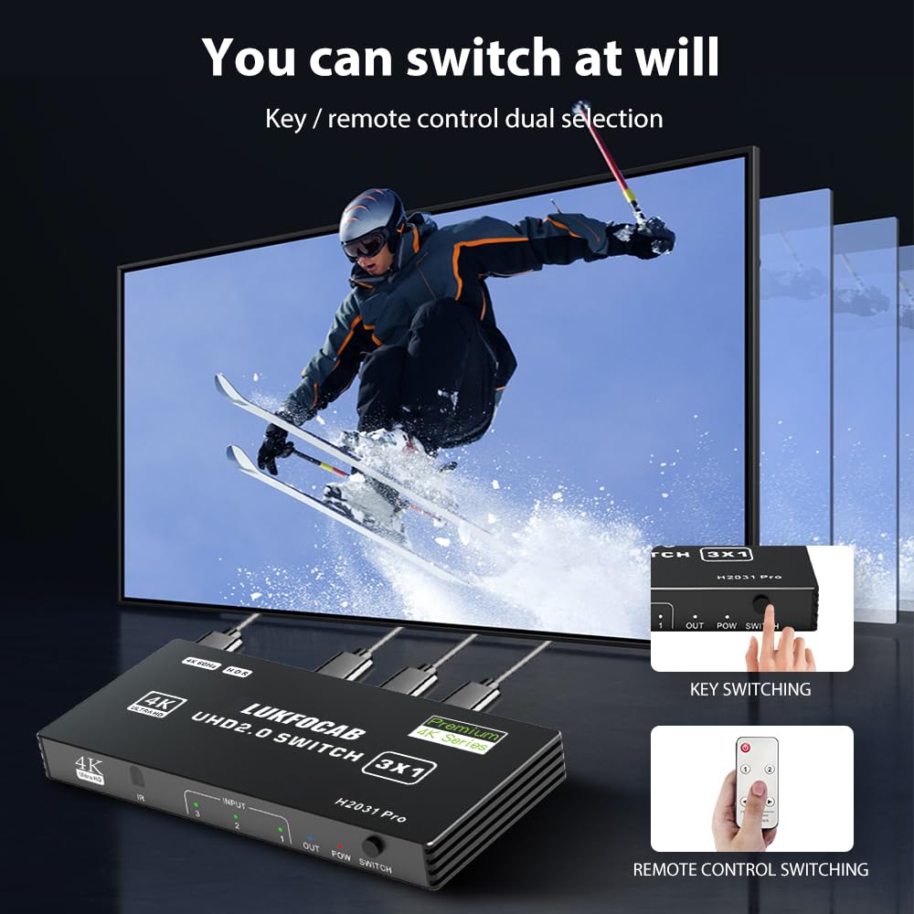 Hdmi 2.0 Switch 3 In 1 Out 4K 60Hz, 3 Port Hdmi Selector Box With Ir Remote Control, Support Uhd Hdcp 2.2 Hdr10 3D 18Gbps, Auto