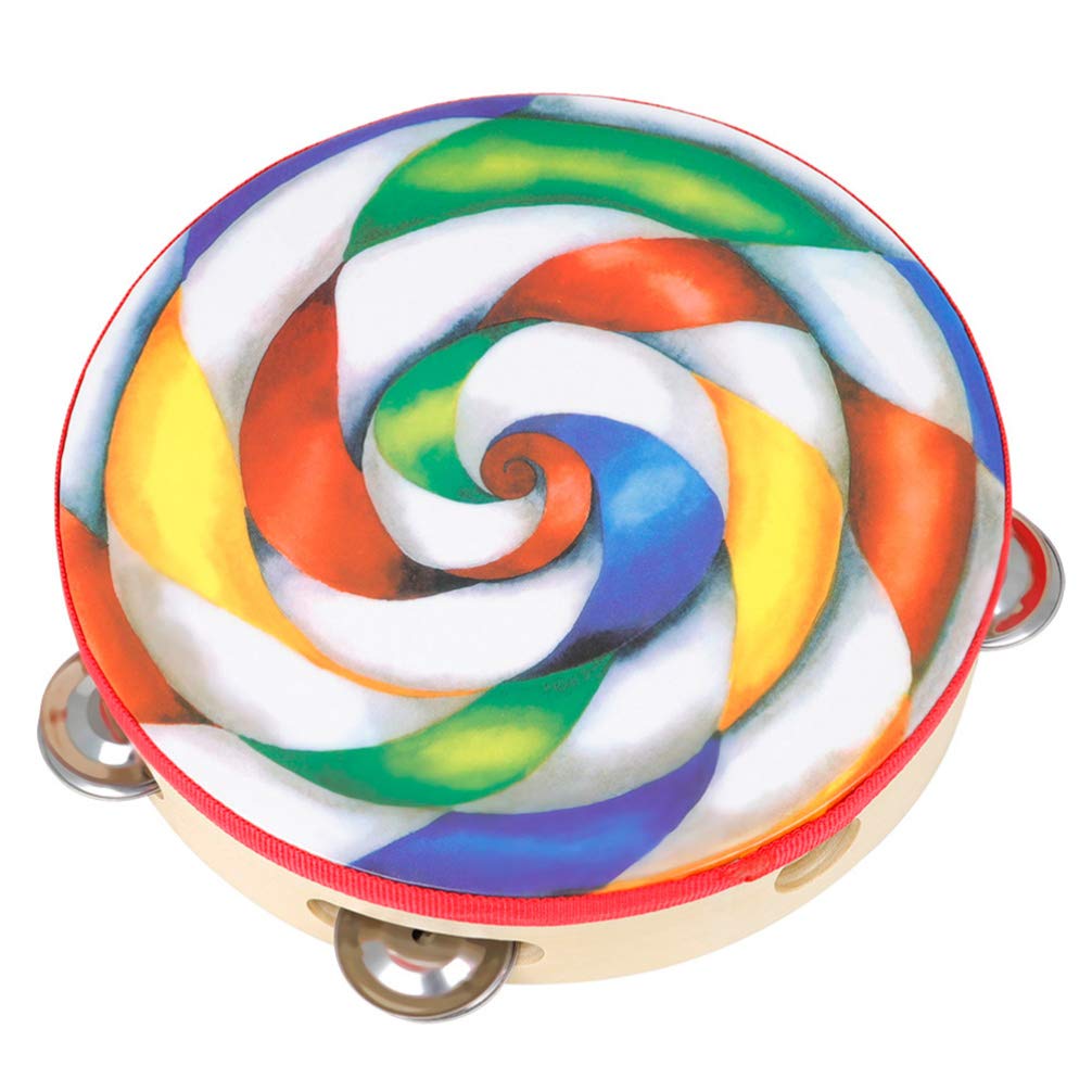 EXCLUZO 8 Inch Wooden Tambourine Handbell Hand Drum with Single Row Jingles Lollipop Candy Design Drum Head Percussion Instrumen