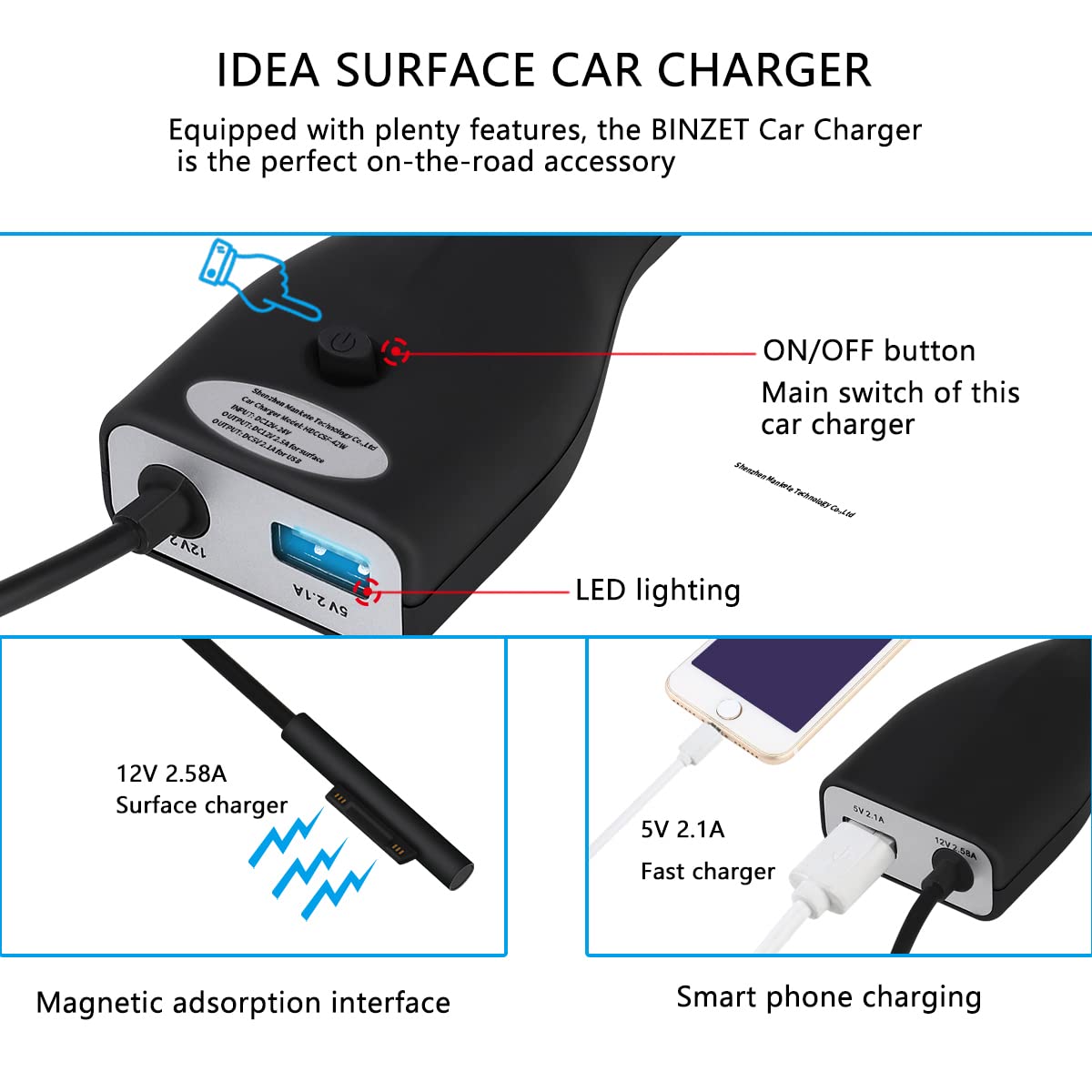 Surface Car Charger, 42W 12V 2.58A Power Supply For Microsoft Surface Pro 3/Pro 4/Pro 5/Pro 6, Surface Book, Surface Go, Surface