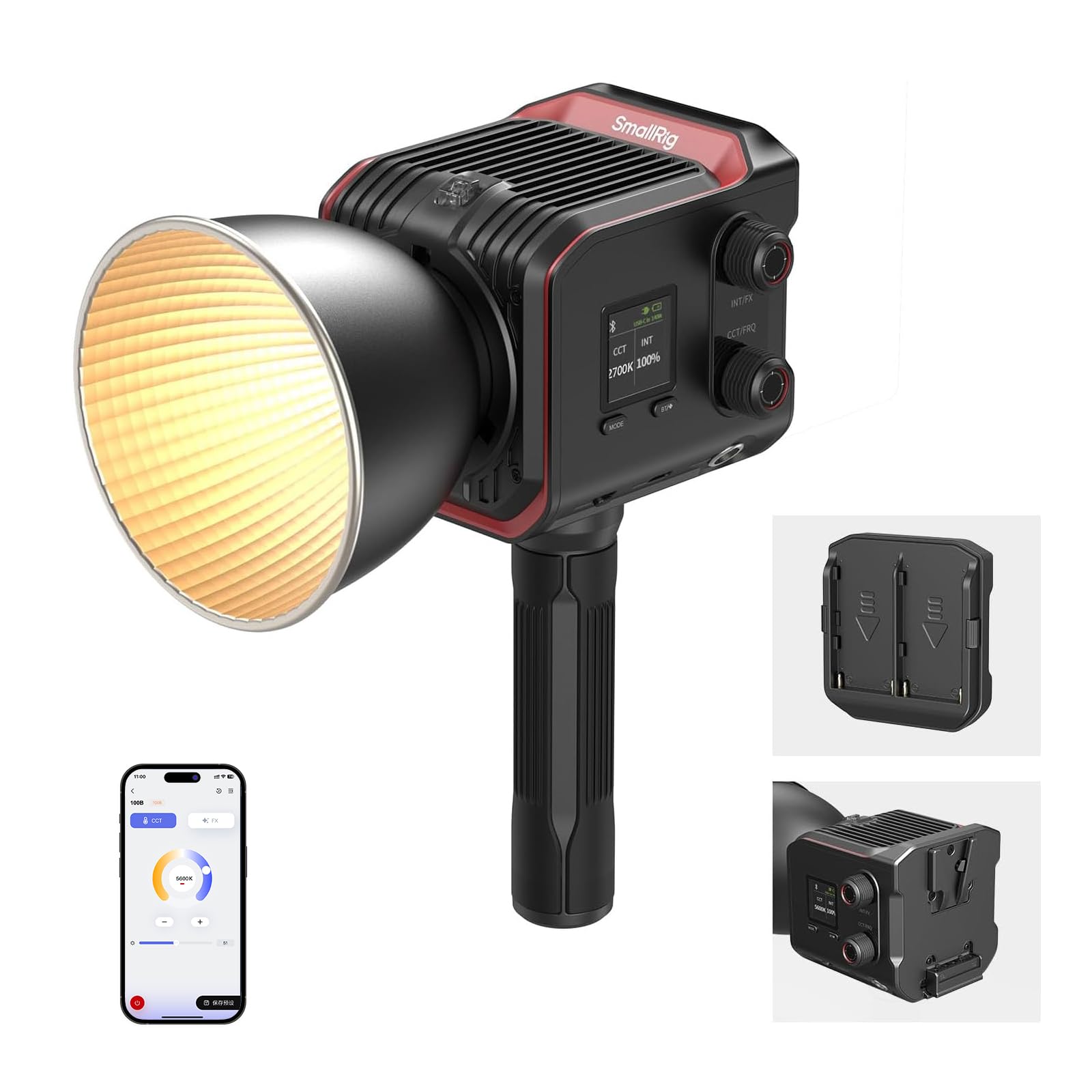 SmallRig RC 100B COB Video Light with Handle, Bi-Colour Video Light 2700K-6500K, Type-C PD Fast Charging, Built-in Battery Plate