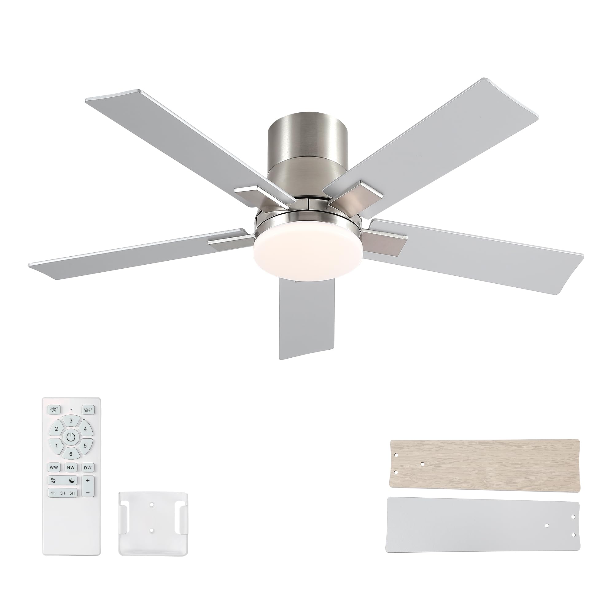 42 Inch Ceiling Fans With Lights And Remote,Flush Mount Silver Ceiling Fan With 5 Blades,6 Speed Reversible Dc Motor,3Cct Dimmab