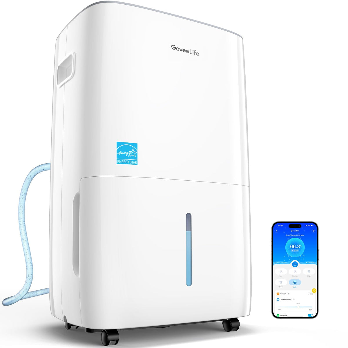 Goveelife Smart Dehumidifier For Basement 4,500 Sq.Ft, 50 To 109 Pint Auto Humidity Control, Drain Hose, 2.0Gal Bucket, Energy S