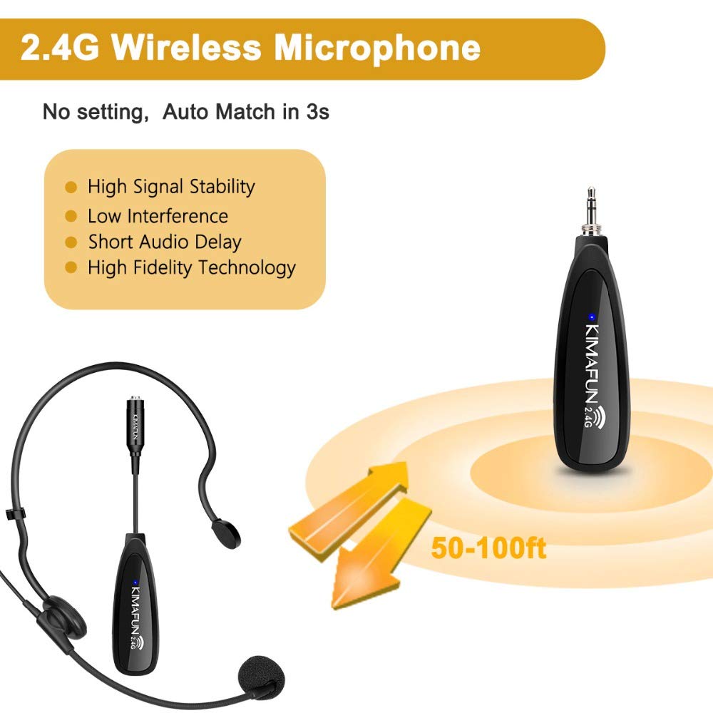 Kimafun Wireless Microphone System, 2.4G Wireless Microphone Transmitter/Receiver Set With Headset/Lavalier Lapel Mics, Ideal Fo