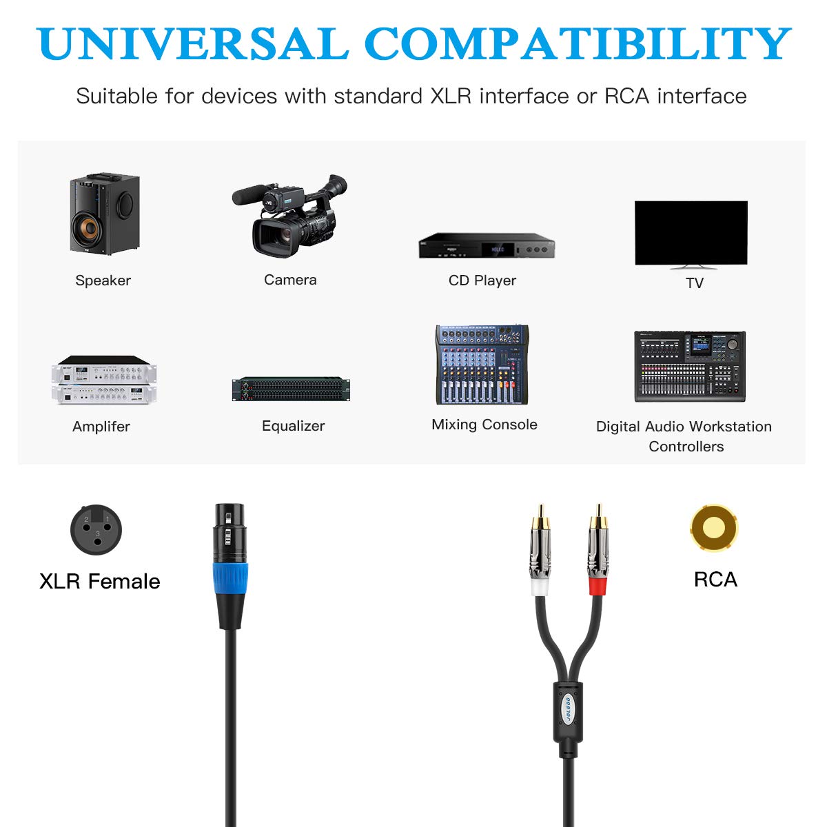 Jolgoo Unbalanced Xlr Female To Dual Rca Y Splitter Breakout Cable, 1 Xlr Female To 2 Rca Male Y Breakout Cable Adapter Cord, 6.
