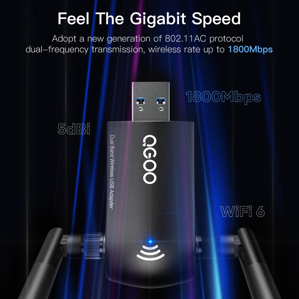 Wifi 6 Adapter For Desktop Pc, Ax1800 Usb 3.0 Wifi Dongle Dual Band 5Ghz/2.4Ghz High Gain Dual 5Dbi Antennas 802.11Ax Mu Mimo Wi