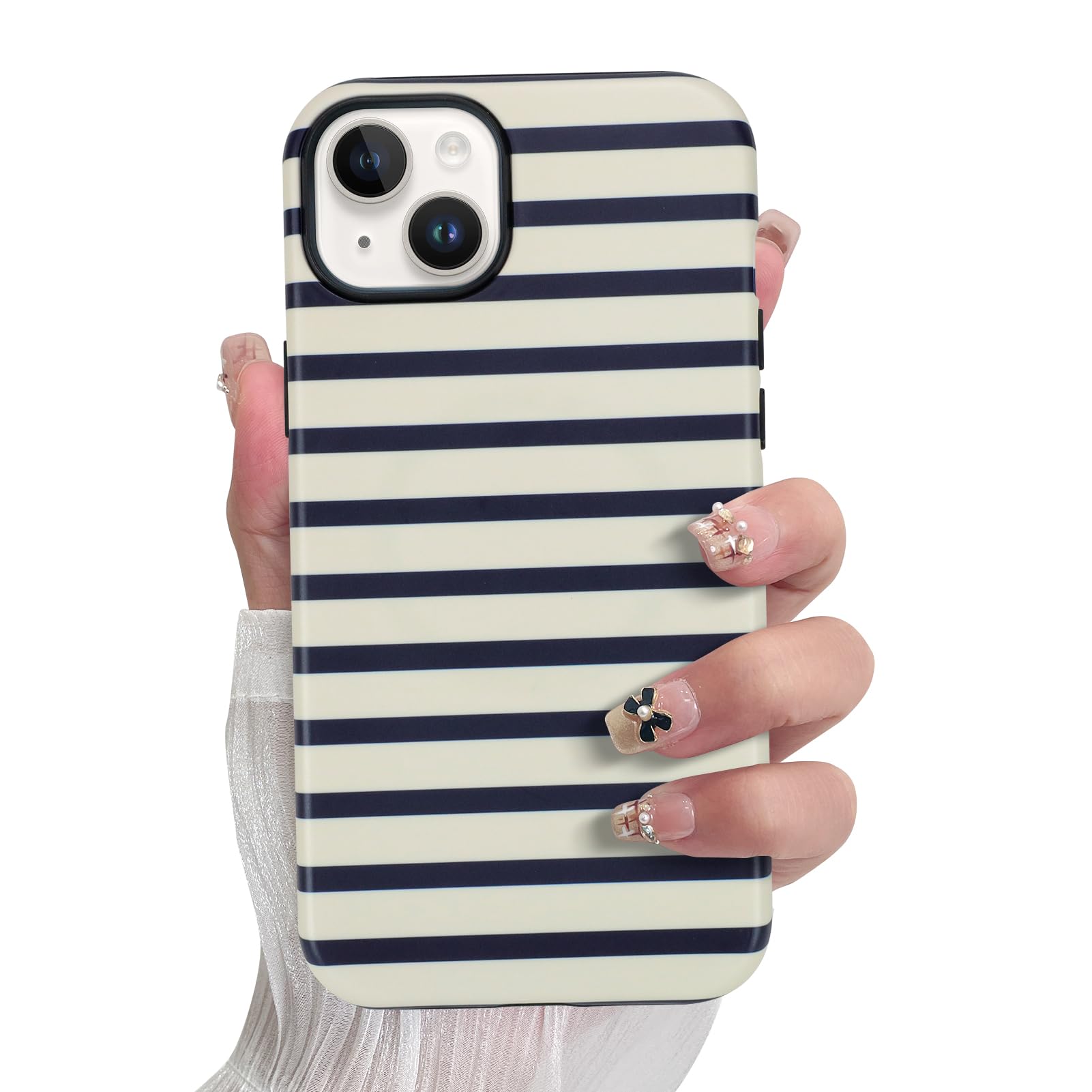 SOKAD Magnetic Horizontal Stripes Phone Case for iPhone 15 Plus, Cute Navy Blue Striped Line Pattern Compatible with Magsafe Mat