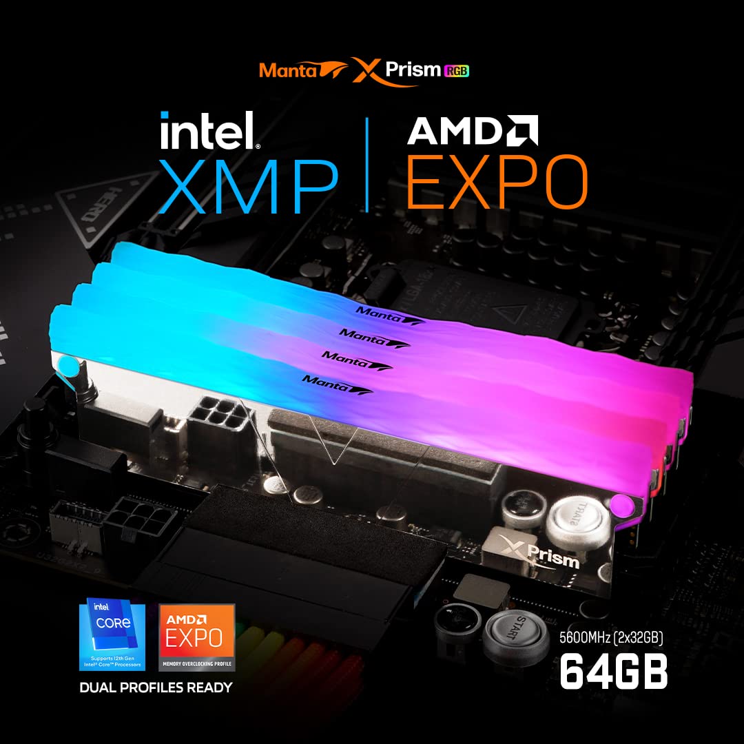 V Color Ddr5 Manta Xprism 64Gb(32Gbx2) 5600Mhz 2Gx8 Cl36 1.25V Sk Hynix Ic Rgb Gaming Desktop Upgrade Ram Memory Module   Silver