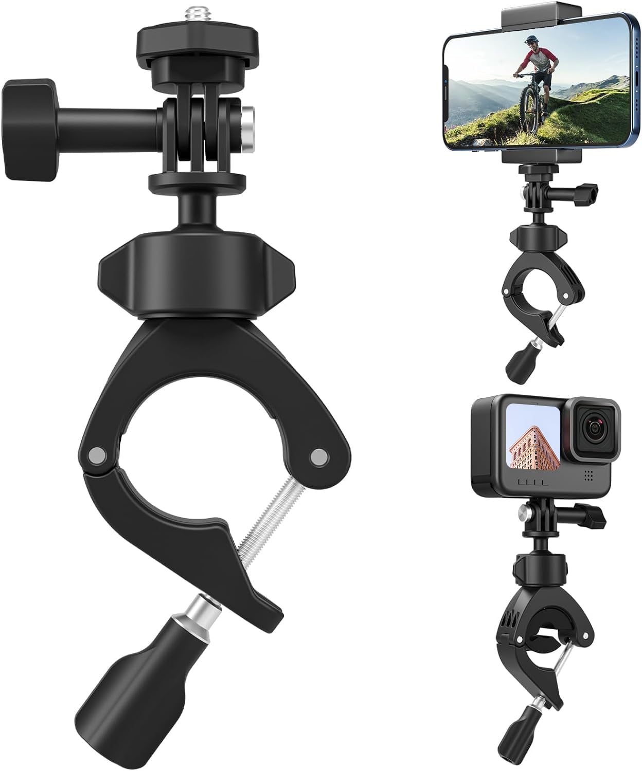 Adaptom Bike Mount+Phone Holder, 360 Rotation Camera Bicycle Motorcycle Rearview Mirror Tube Clamp For Gopro Max Hero 12 11 10 9