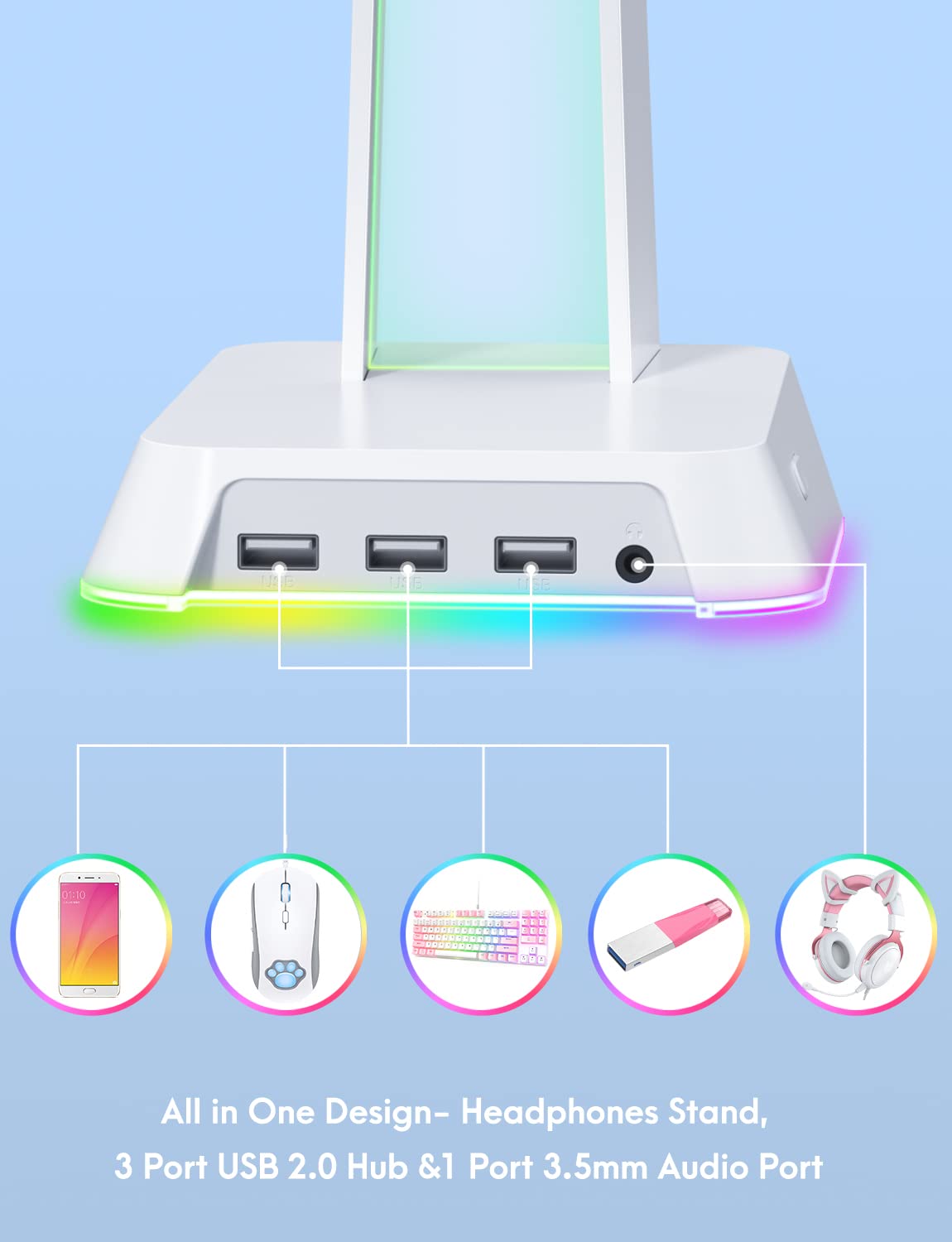 Phnixgam Rgb Headphone Stand With 3.5Mm Aux And 3 Port Usb 2.0 Hub, Universal Gaming Headset Hanger Holder For Computer Gaming G