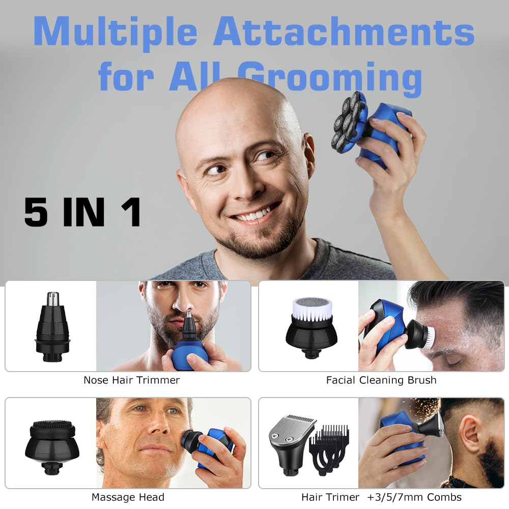 Electric Head Shaver, 8D Bald Head Shaver For Men Cordless Rechargeable Rotary Shaver With Clipper Nose Trimmer Brush Massager A