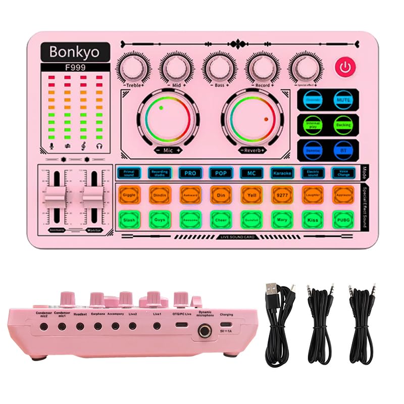 F999 Pink Live Streaming Sound Card, Professional Audio Mixer, Voice Changer Soundboard with Audio Interface, Bluetooth, Noise R
