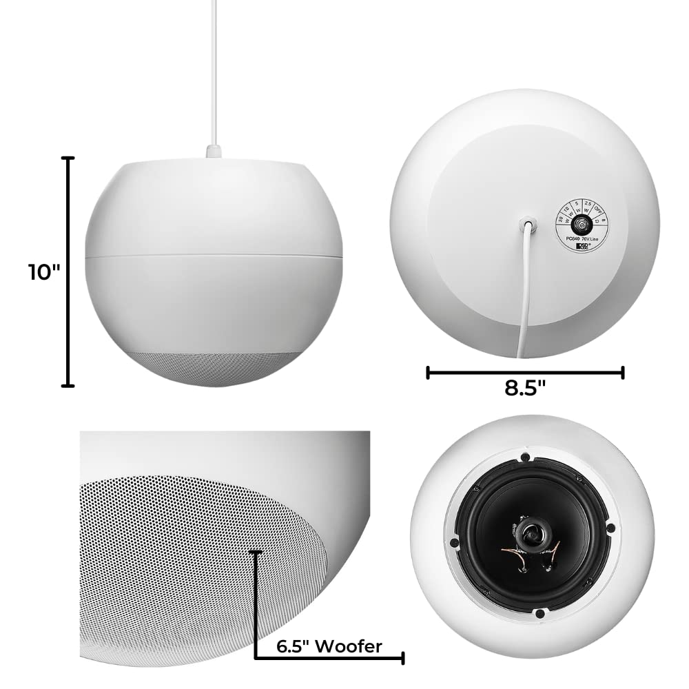 Osd Audio Sphere 6.5'' Indoor Hanging Pendant Speaker (Single White) Reinforced Cable Suspension 70V And 8 Ohm