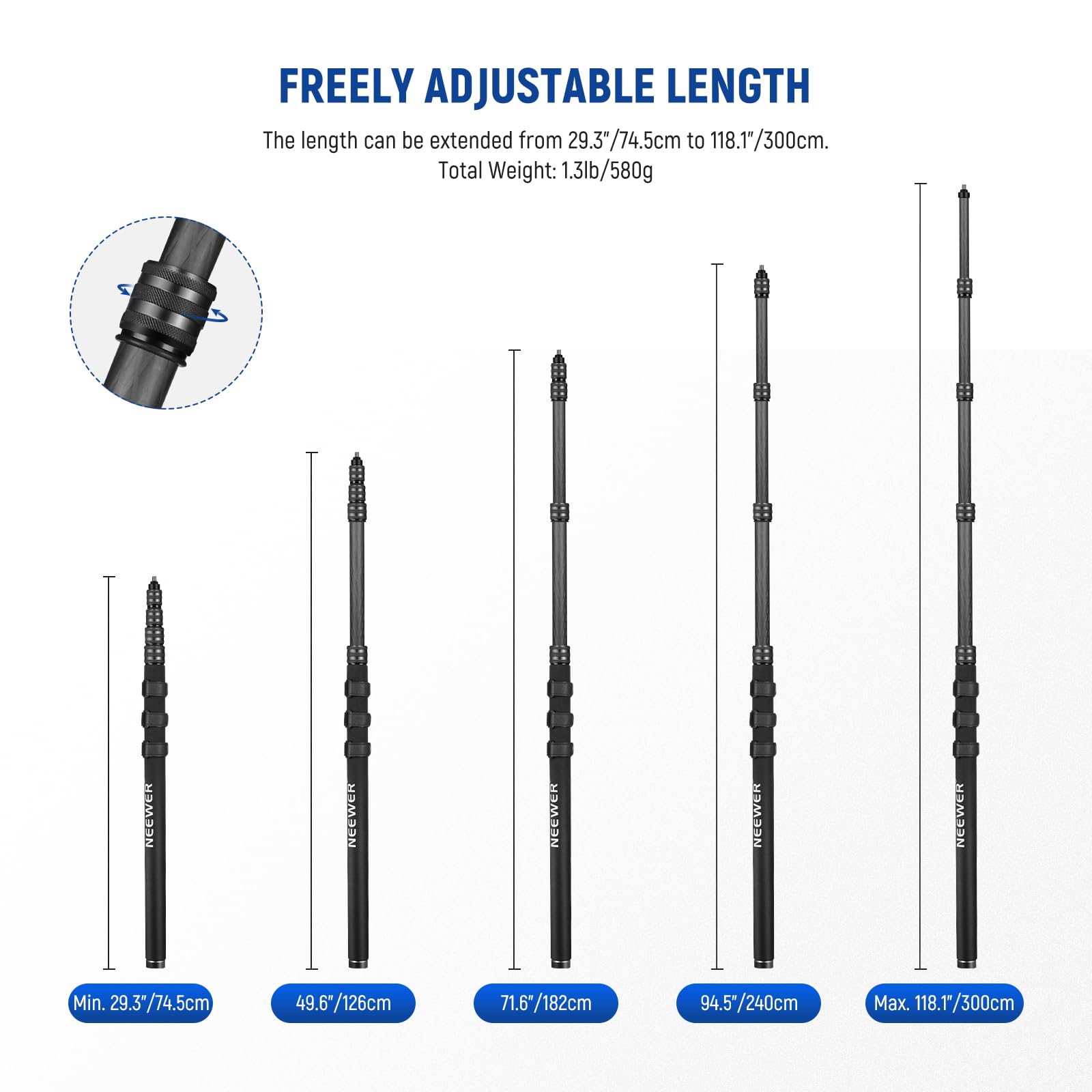 Neewer Upgraded Microphone Boom Pole, 9.8Ft/300Cm Telescopic Carbon Fiber Mic Boom Arm With 5 Sections, 1/4 3/8 5/8 Screw Adapte