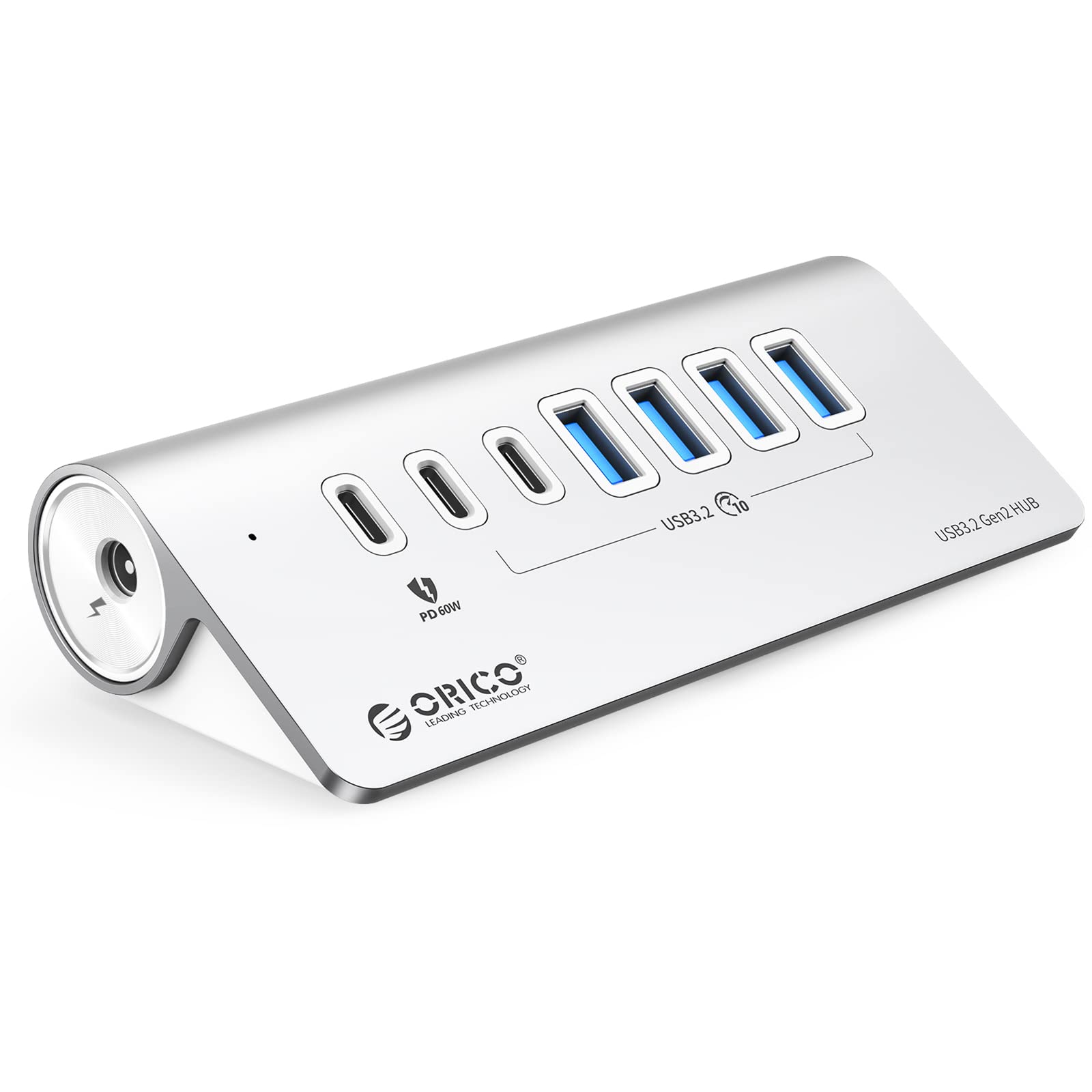Orico Powered Usb Hub 10Gbps, 7 Ports Usb 3.2 Gen 2 Hub, 6 Usb 3.2 Data Ports, 60W Pd Charging Ports, 24V 3A Power Adapter, 1.64