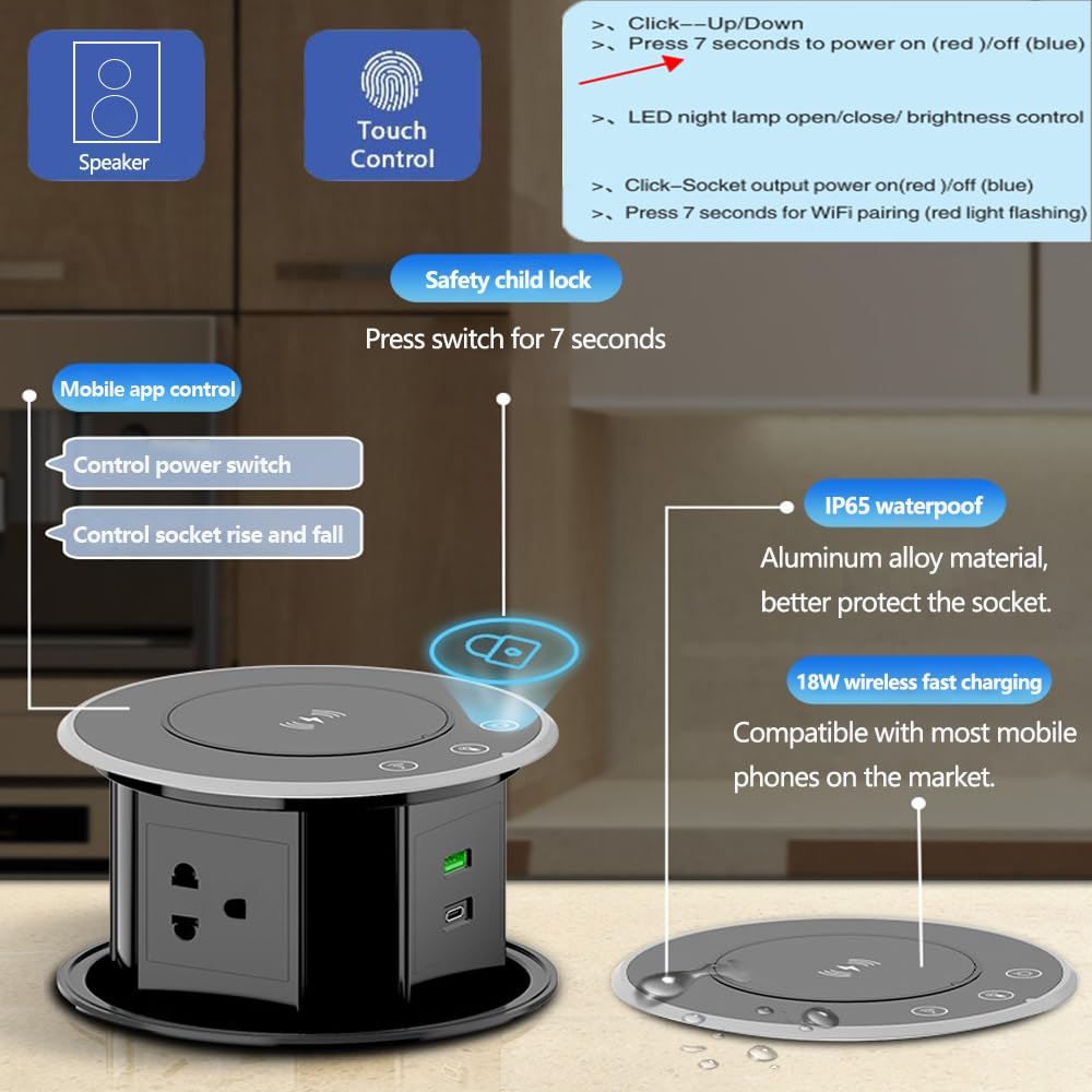 Redcomets Pop Up Outlet For Countertop With Mobile App Remote Control, 4.9''Space Saver Recessed Outlet With 3 Outlets,2 Usb Por