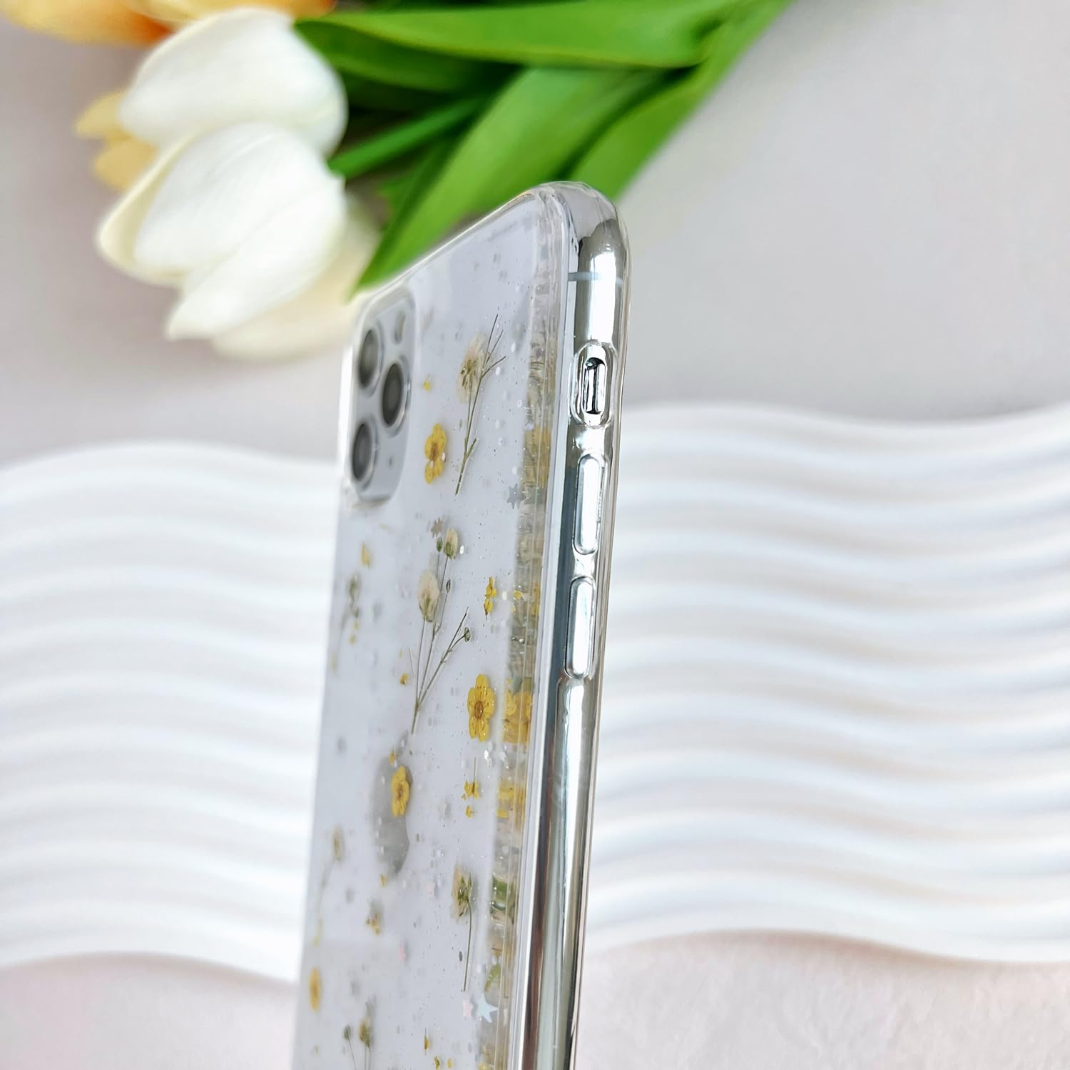 Lseeka For Iphone 11 Pro Clear Case With Pressed Real Flowers Design,Glitter Cute Yellow Floral Pattern Slim Soft Tpu Protective
