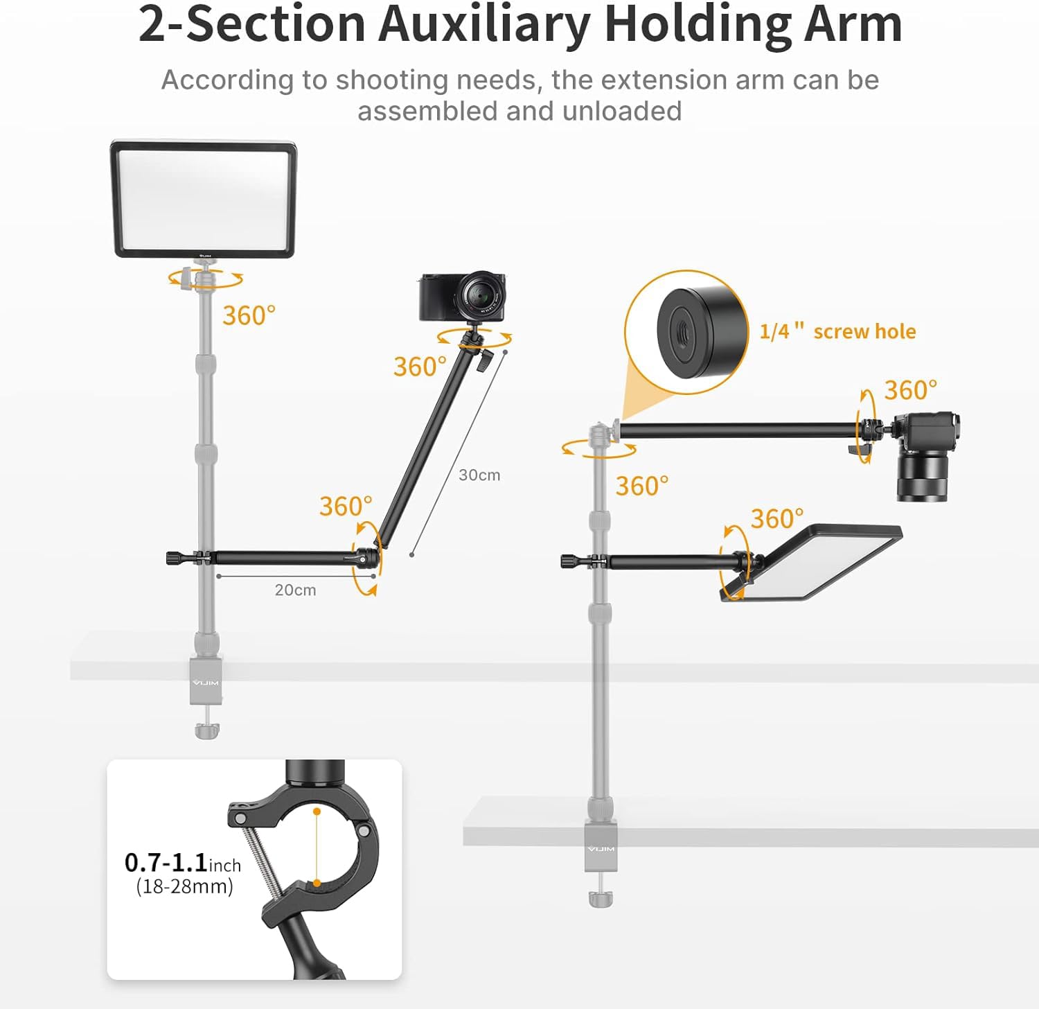 Pictron Vijim Flexible Arm Auxiliary Holding Arm, Detachable 2 Section Magic Arm For Any Camera Desk Mount, Cameras, Lights And More, Multi Mount Accessory (Ls04)