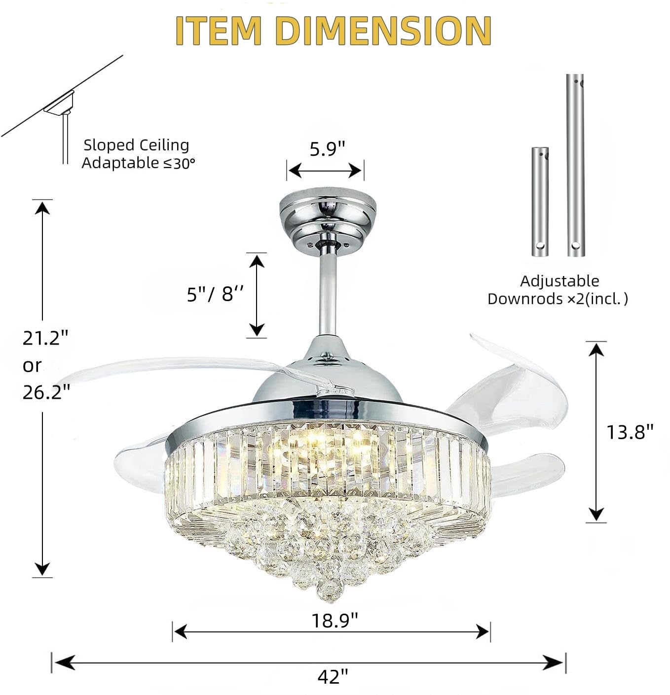 Fidgra 42'' Fandelier Ceiling Fan With Light, Retractable Chandelier Fan Led Dimmable Crystal Ceiling Fan For Bedroom Living Roo