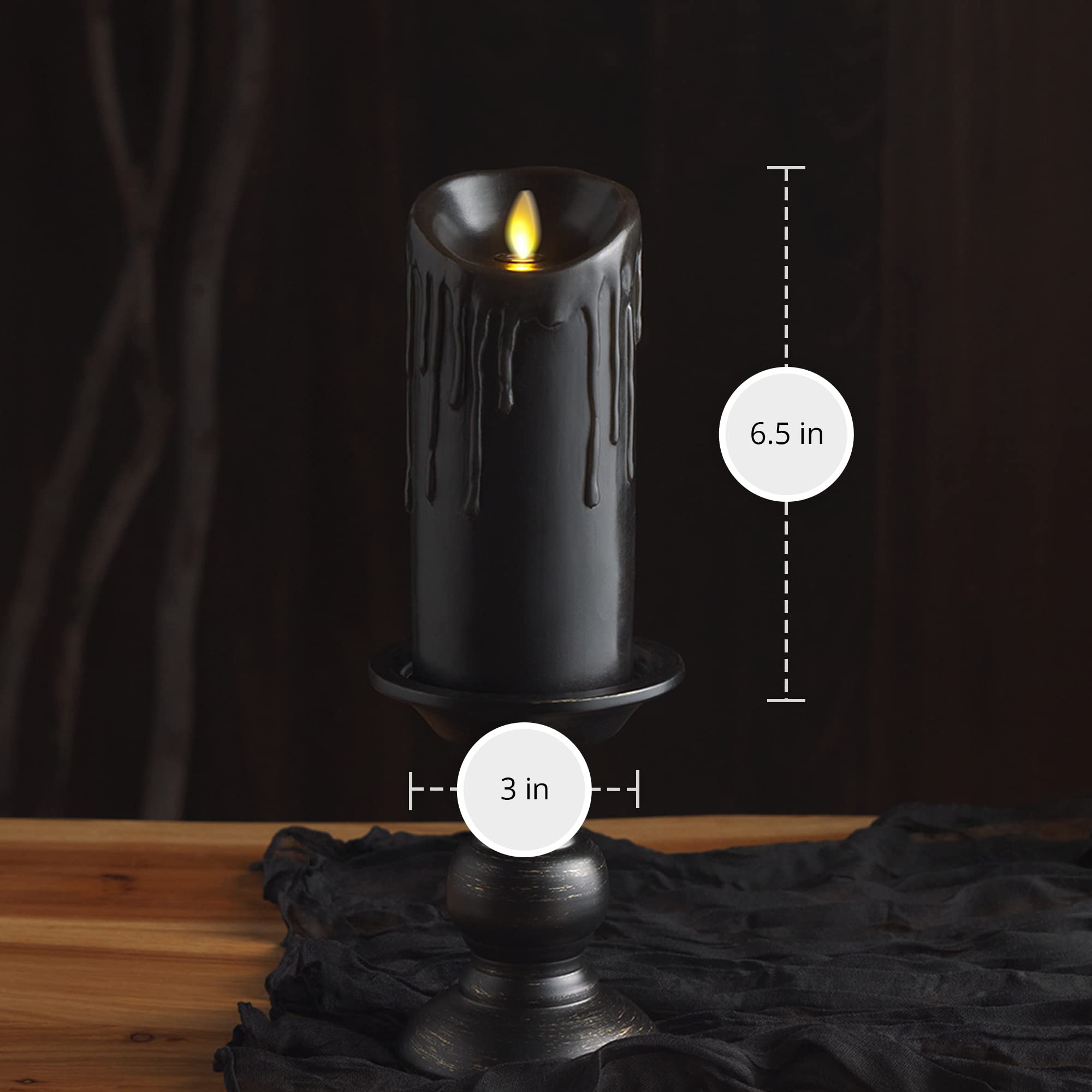 Luminara Black Wax Drip Flameless Candle Led Battery Operated Moving Flame Lights Pillar Unscented Real Wax With Dripped Edge, T