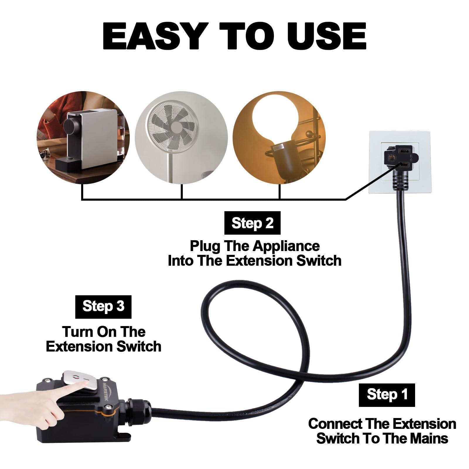 Marstek Heavy Duty Waterproof Extension Cord With On/Off Switch,Inline Cord Switch With 3 Ft 16Awg Cable Piggyback Plug(3 Pronge