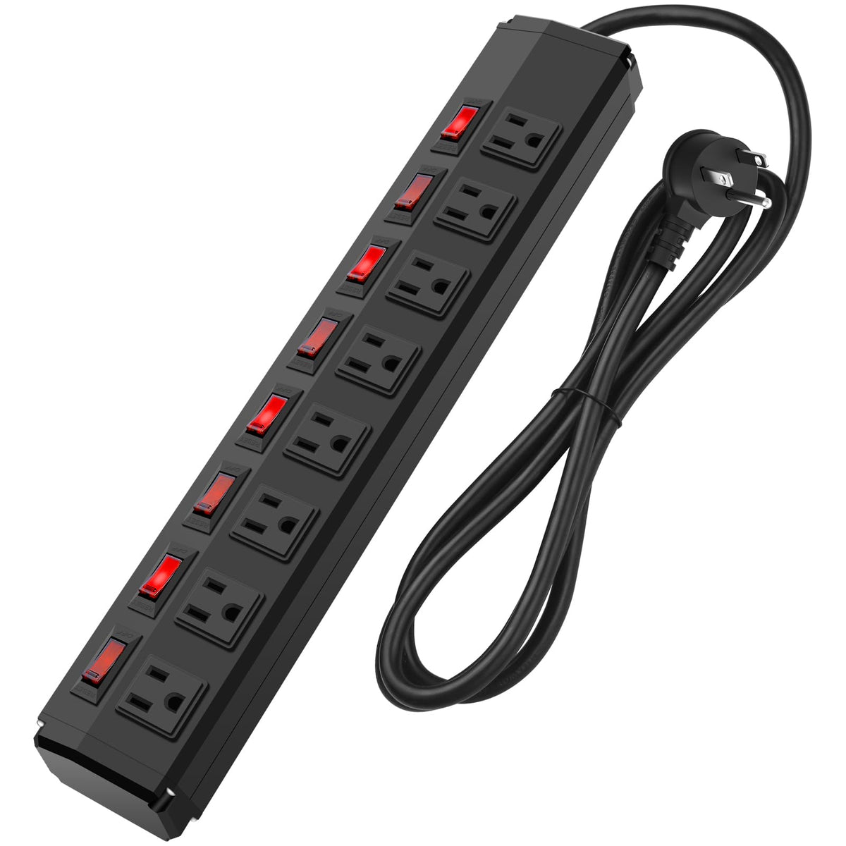 8 Outlet Metal Power Strip With Individual Switches,Heavy Duty Appliance Power Strip With Flat Plug,1200J Surge Protector,10Ft E