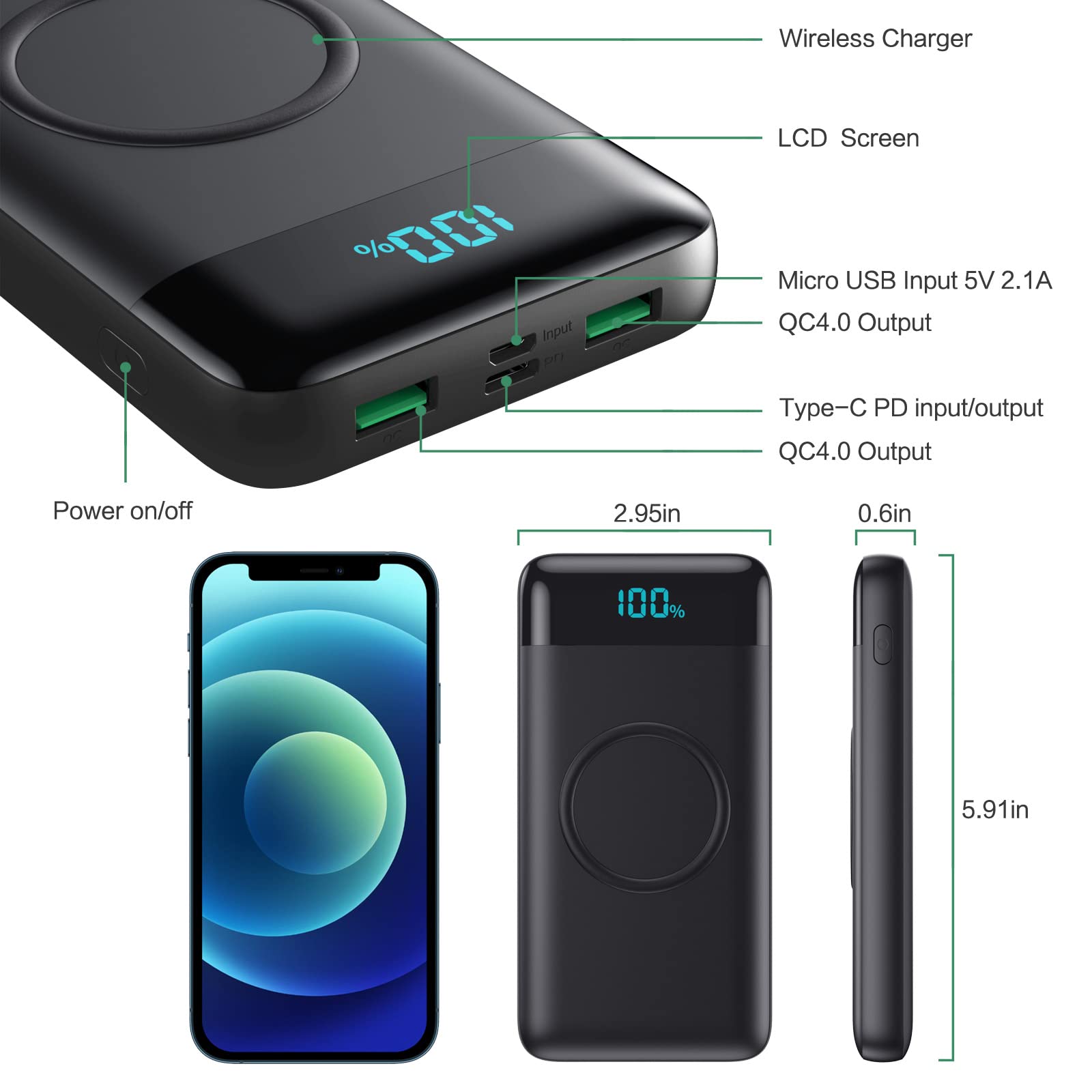 Wireless Portable Charger 30,800Mah 15W Wireless Charging 25W Pd Qc4.0 Fast Charging Smart Led Display Usb C Power Bank, 4 Outpu