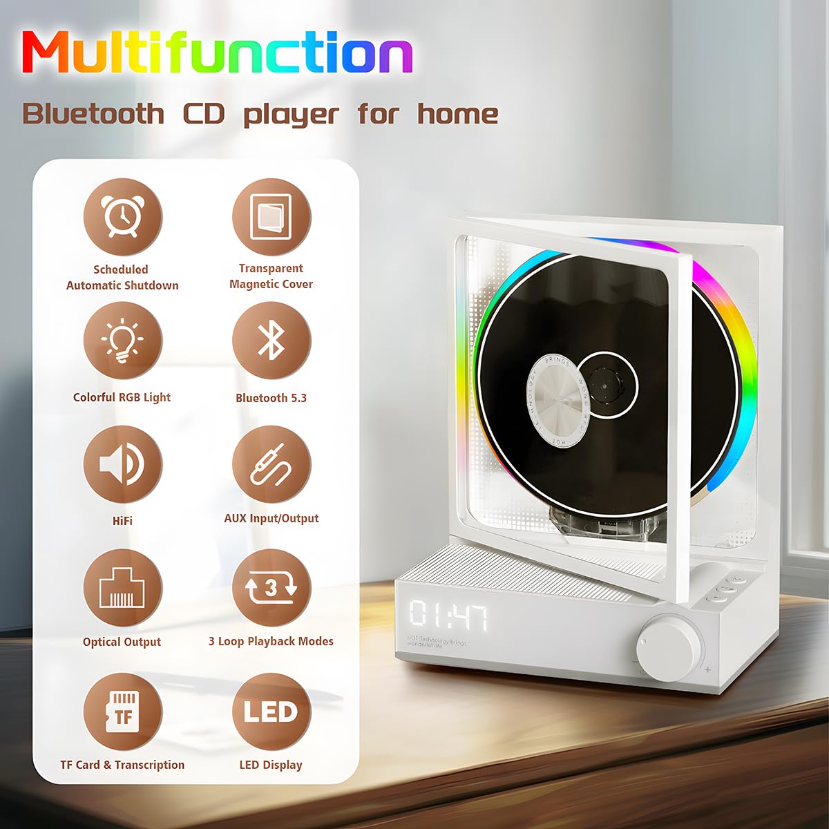 Manayo Bluetooth Cd Player Portable, Small Music Cd Players For Home, Portable Cd Player With Speakers, Rgb Color Light, Timer,