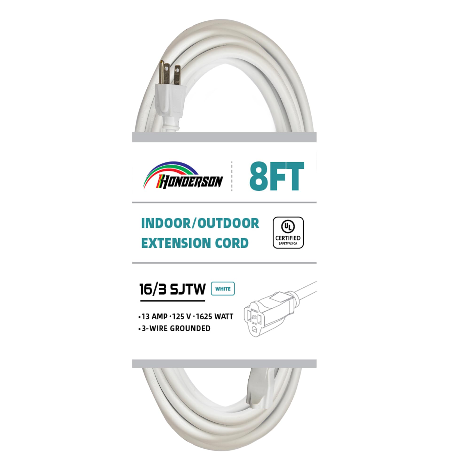 Honderson Indoor Outdoor Extension Cord Weatherproof, Ul Listed, 16 Gauge 8Ft White 3 Prong Heavy Duty, 16/3 Sjtw 13A Power Cord