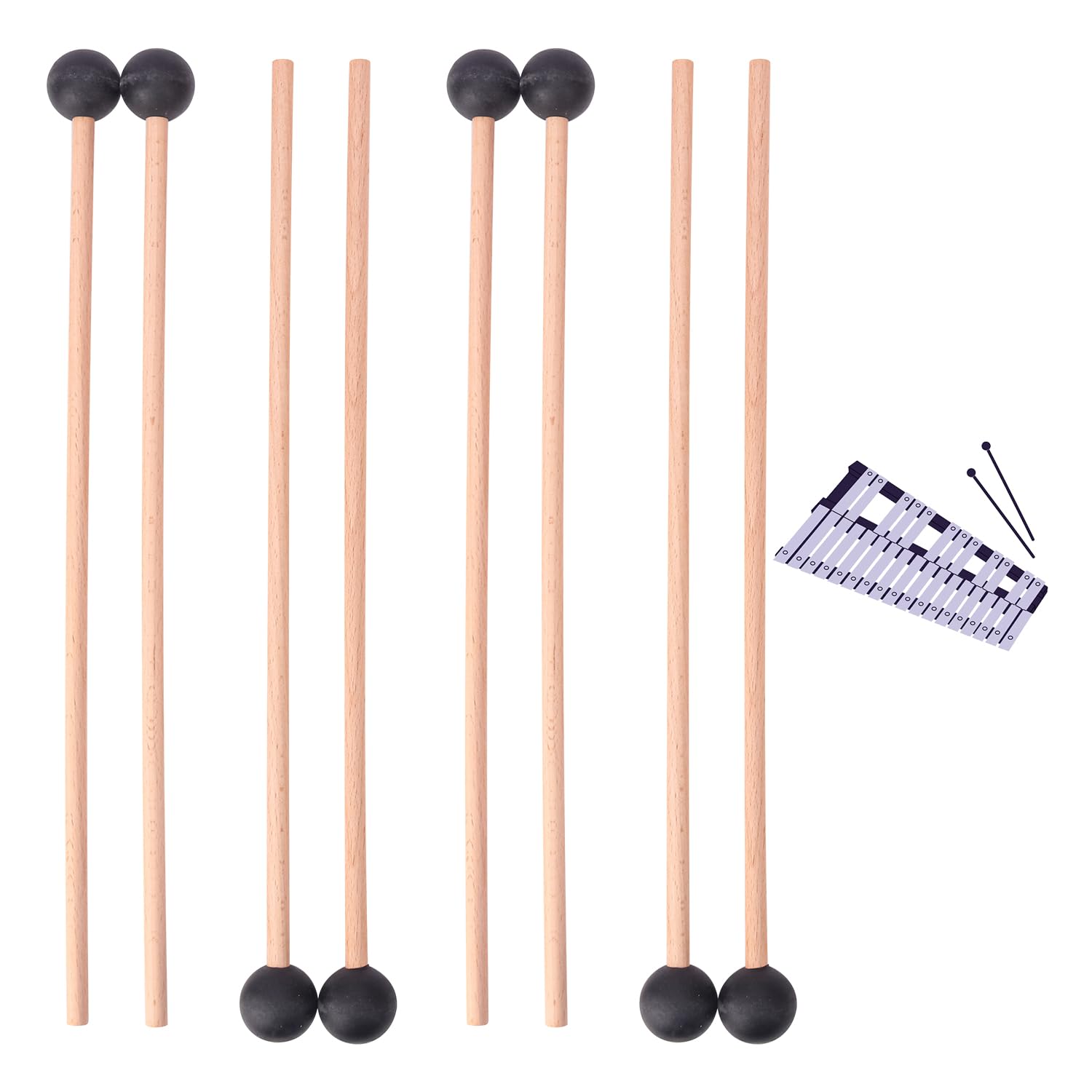 Geytetqi 4 Pair Black Bell Mallets Glockenspiel Sticks, 15 Inch Wooden Percussion Mallets, Rubber Xylophone Mallet With Wood Han