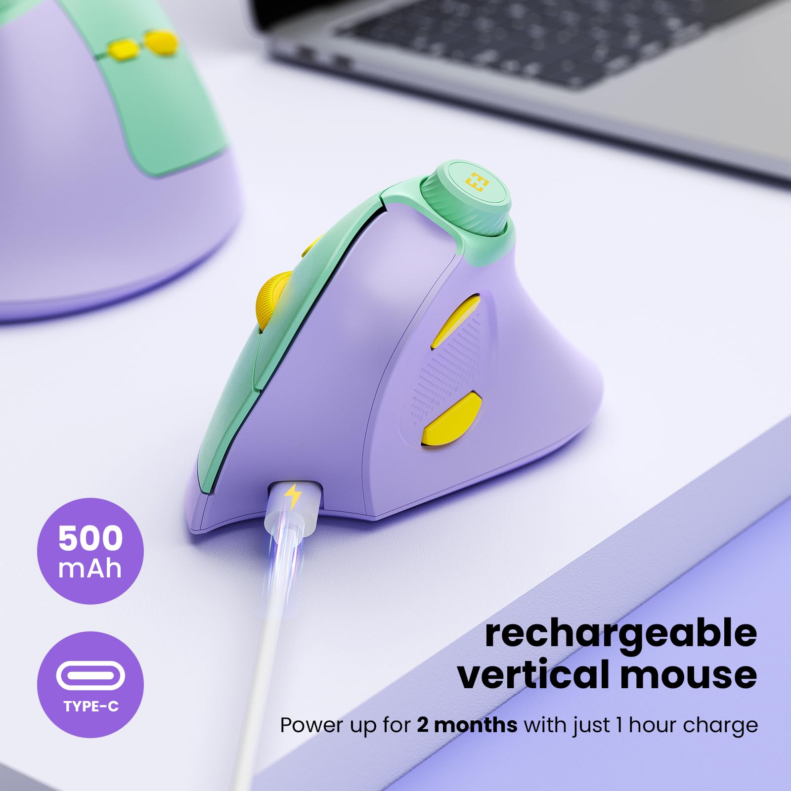 Seenda Ergonomic Mouse Rechargeable, Vertical Wireless Mouse With Volume Knob, Quiet Clicks, 3 Device Connection (Bluetooth Or Usb), Optical Mice For Windows, Pc/Mac  Purple