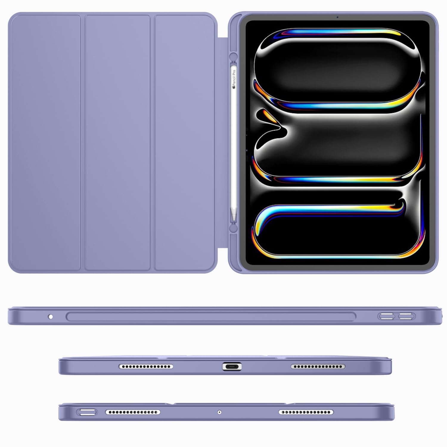Imieet For Ipad Pro 11 Inch Case M4 2024 (5Th Generation) With Pencil Holder, [Support Pencil Pro And Pencil (Usb C)], Trifold Stand Smart Case With Soft Tpu Back, Auto Wake/Sleep (Lavender)
