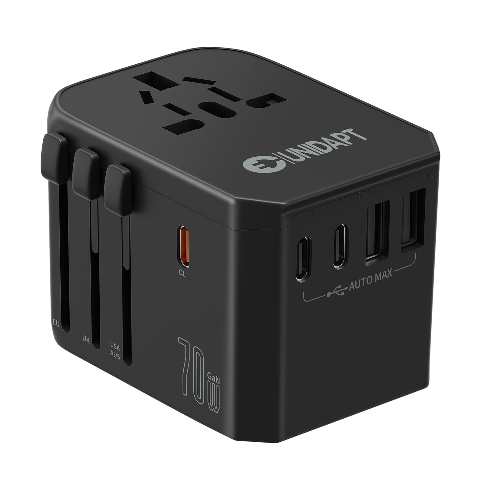 Unidapt Universal Travel Adapter, International Travel Plug Adapter With Uk,Eu,Au,Us Plugs, 70W Gan 3Usb C Pd & 2Usb A Qc Worldw