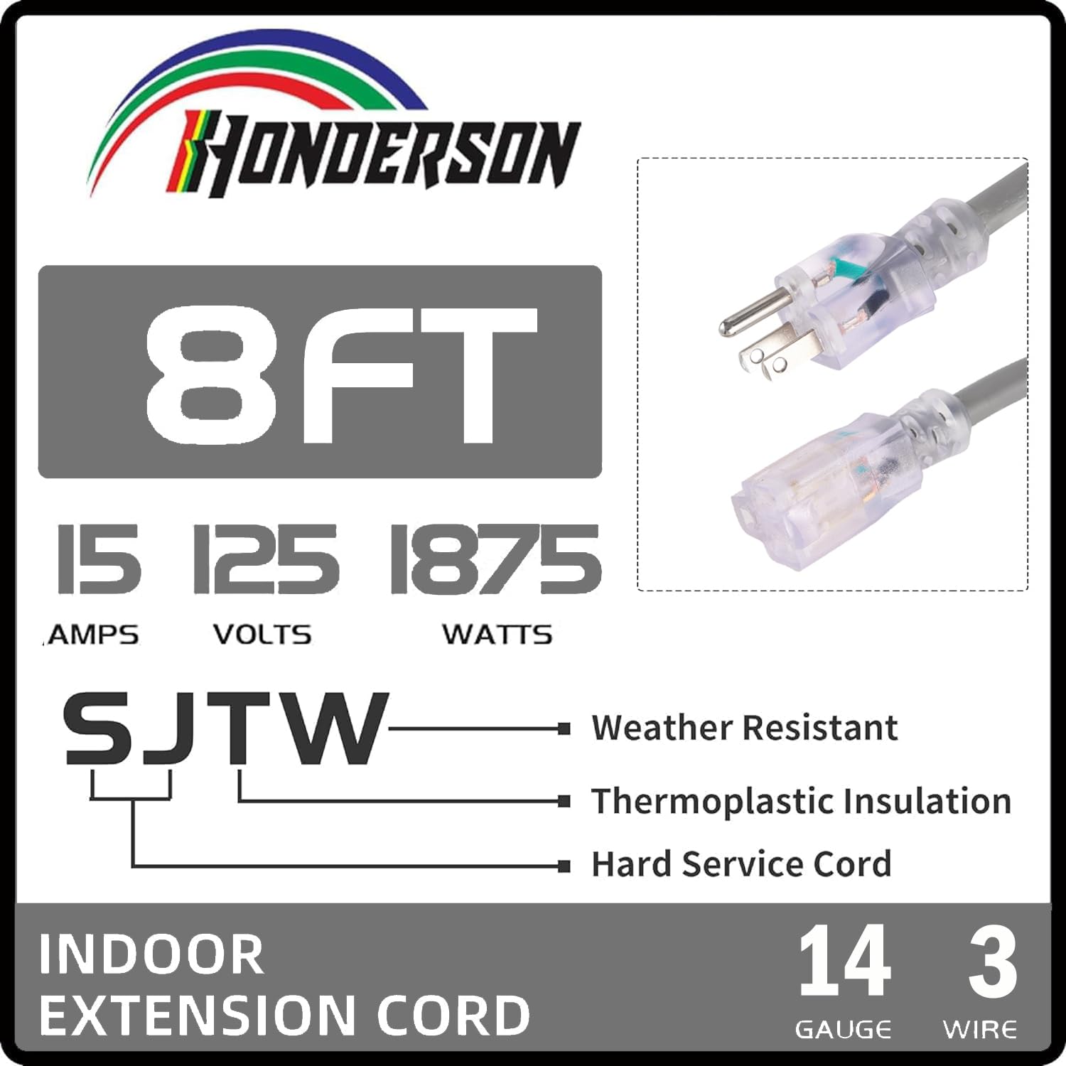 Honderson Indoor Outdoor Extension Cord Weatherproof With Lighted End, Ul Listed, 14 Gauge 8Ft Grey 3 Prong Heavy Duty Extension