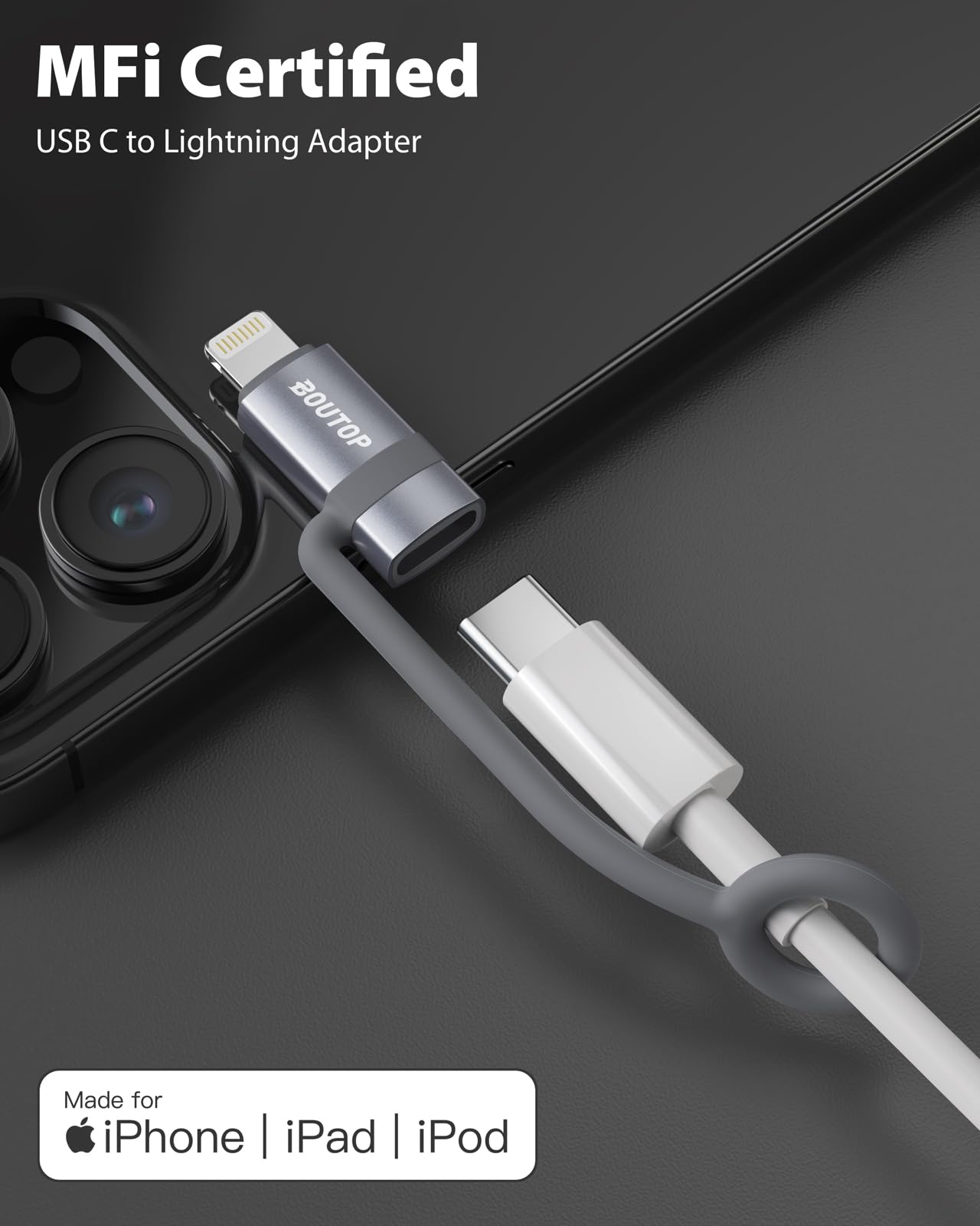 Boutop [Mfi Certified] Usb C To Lightning Adapter Support 36W Pd Fast Charging With Anti Loss Design Compatible With Iphone Gray