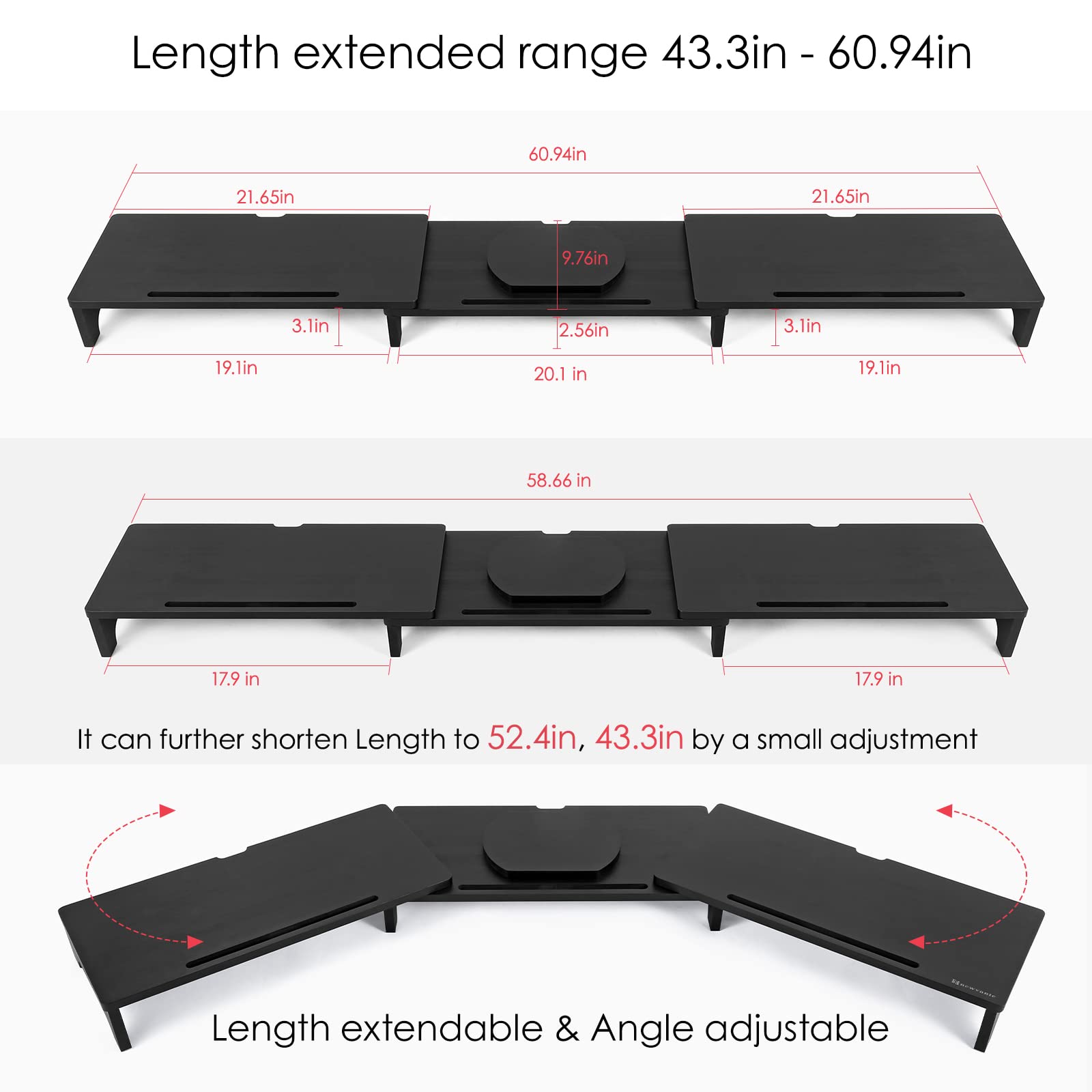Nnewvante Bamboo Dual Monitor Stand Riser, 60 inch, Adjustable Angle, Black